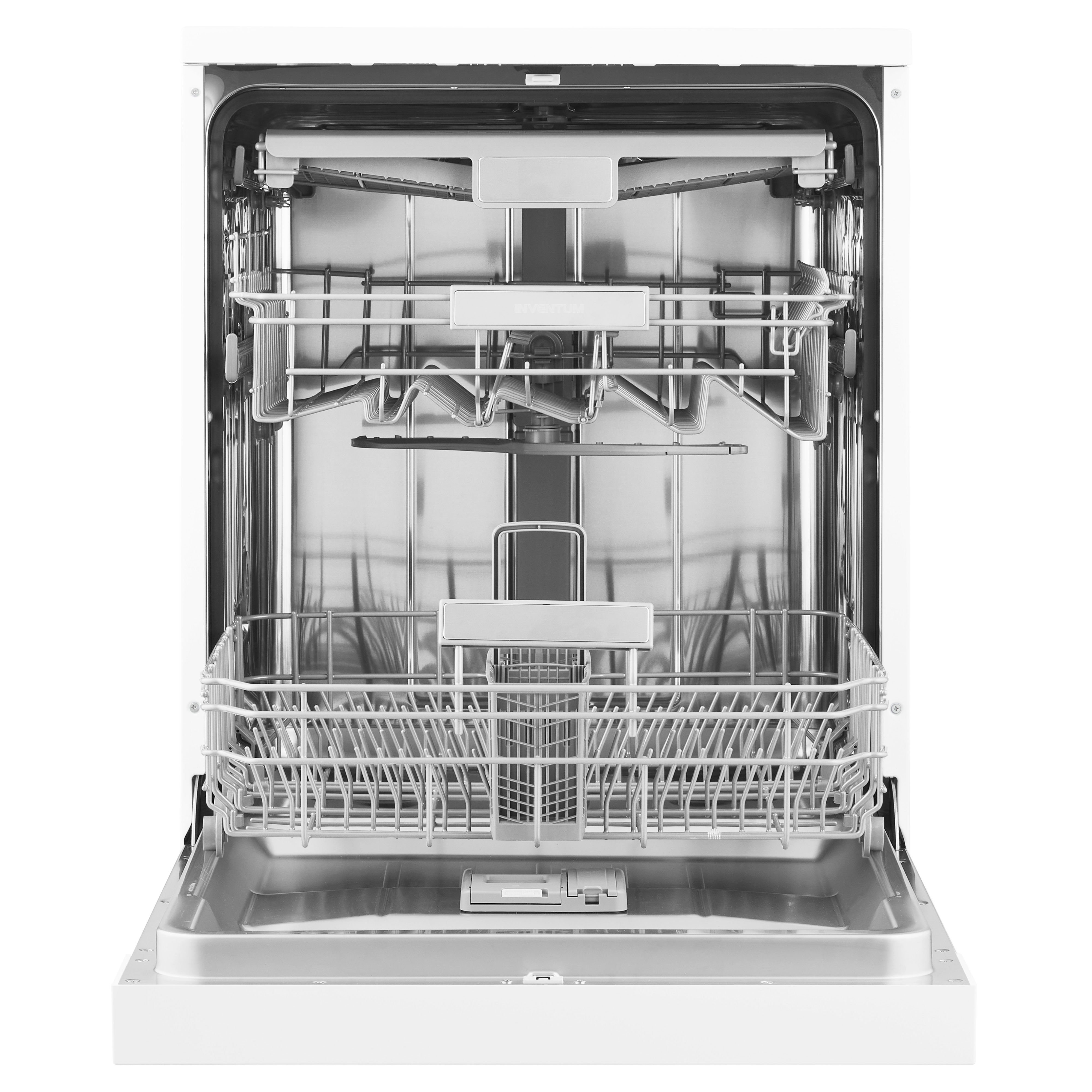 An open white dishwasher with racks inside. Empty interior, clean design, bright lighting.