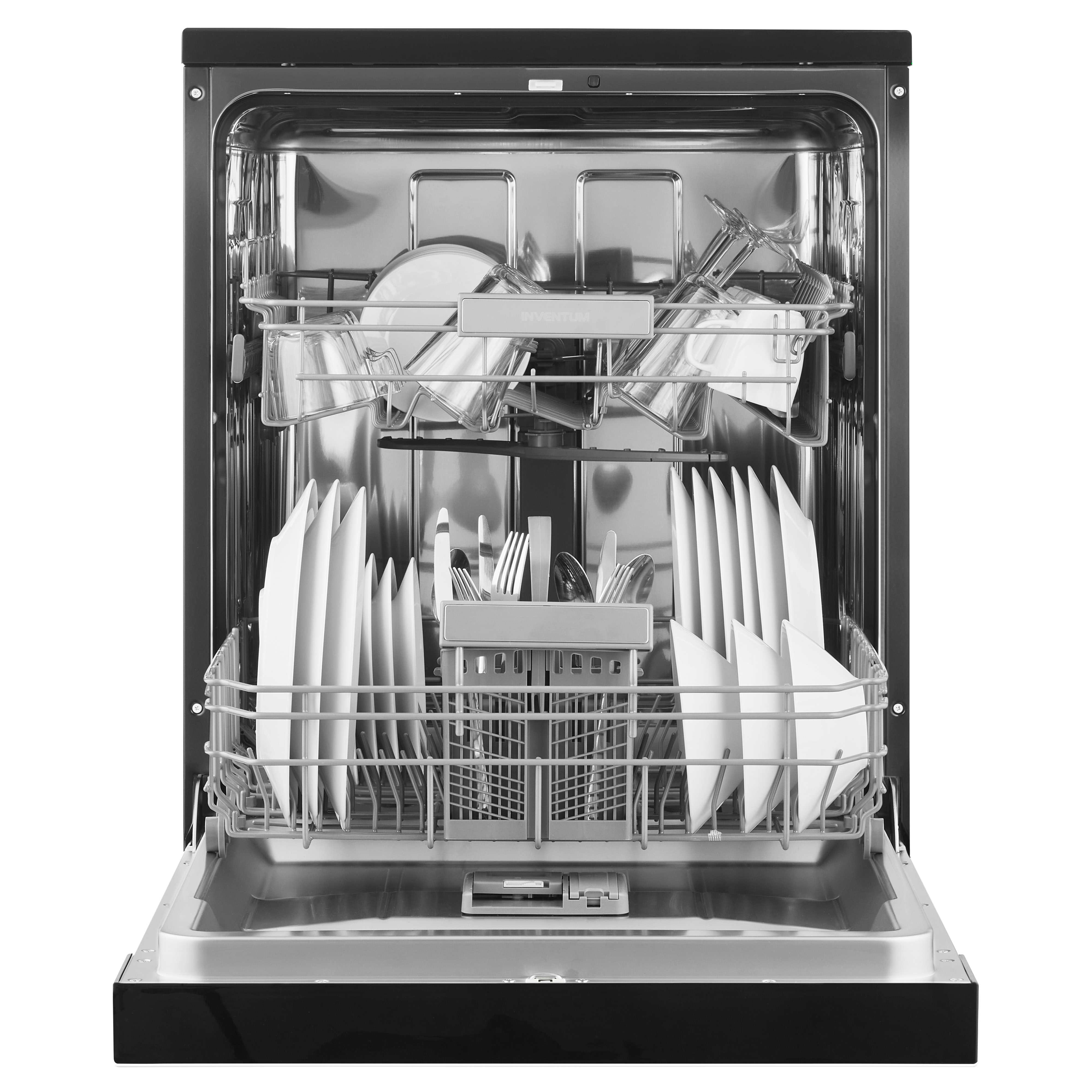 Open dishwasher with clean dishes inside. Silver interior and black exterior.
