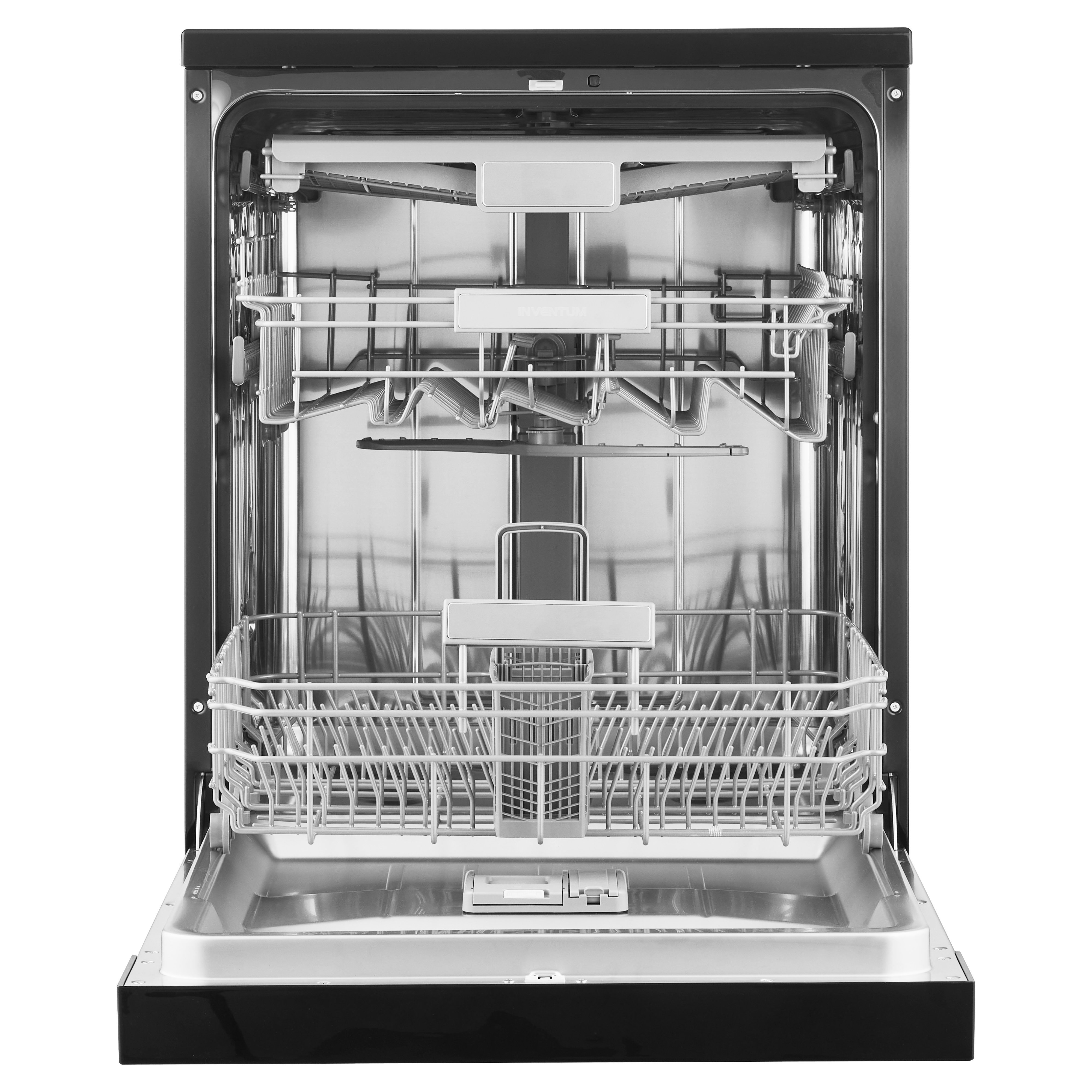 Open dishwasher with empty racks. Silver interior and black exterior.