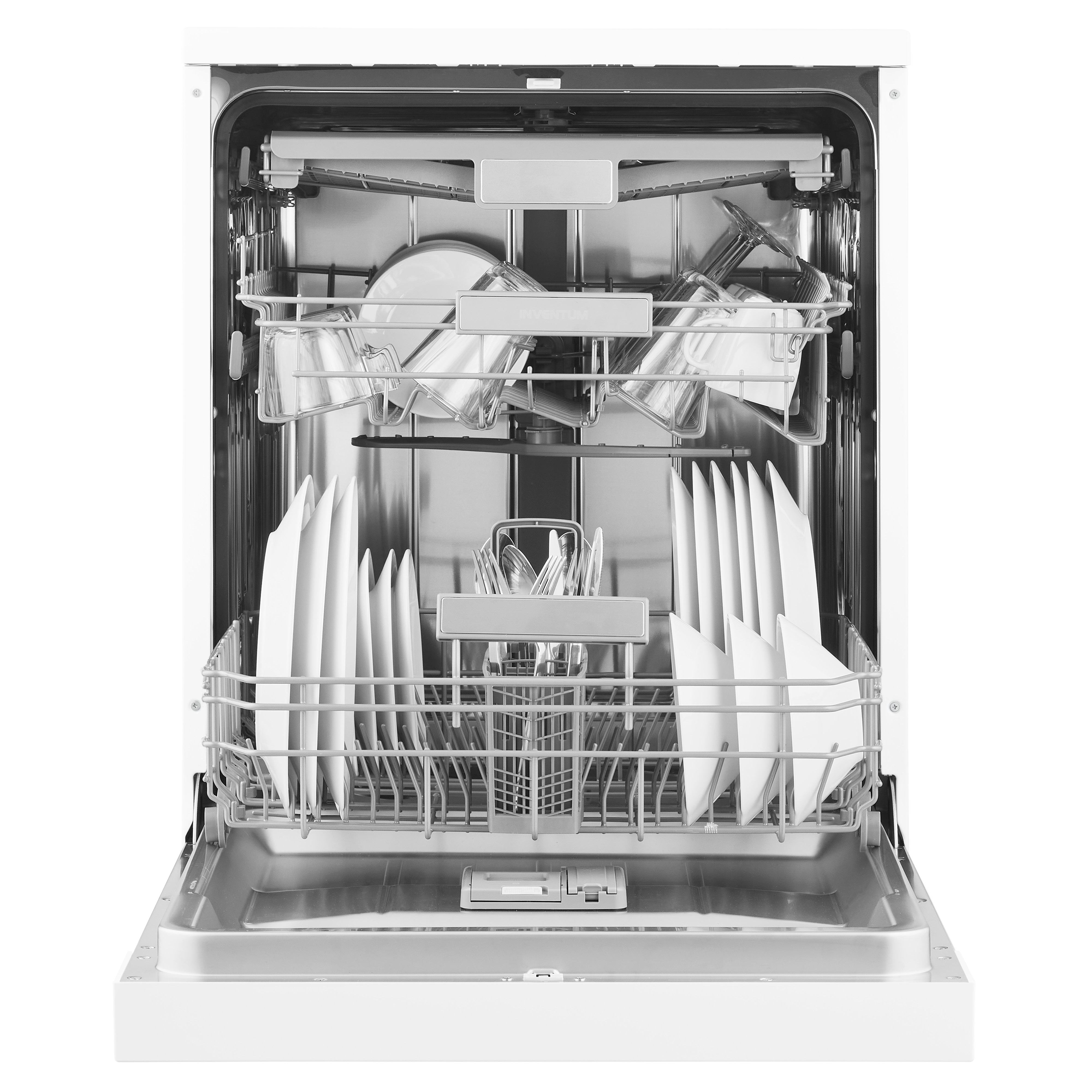 Dishwasher with open door. Dishes, glasses, and utensils are inside the dishwasher.