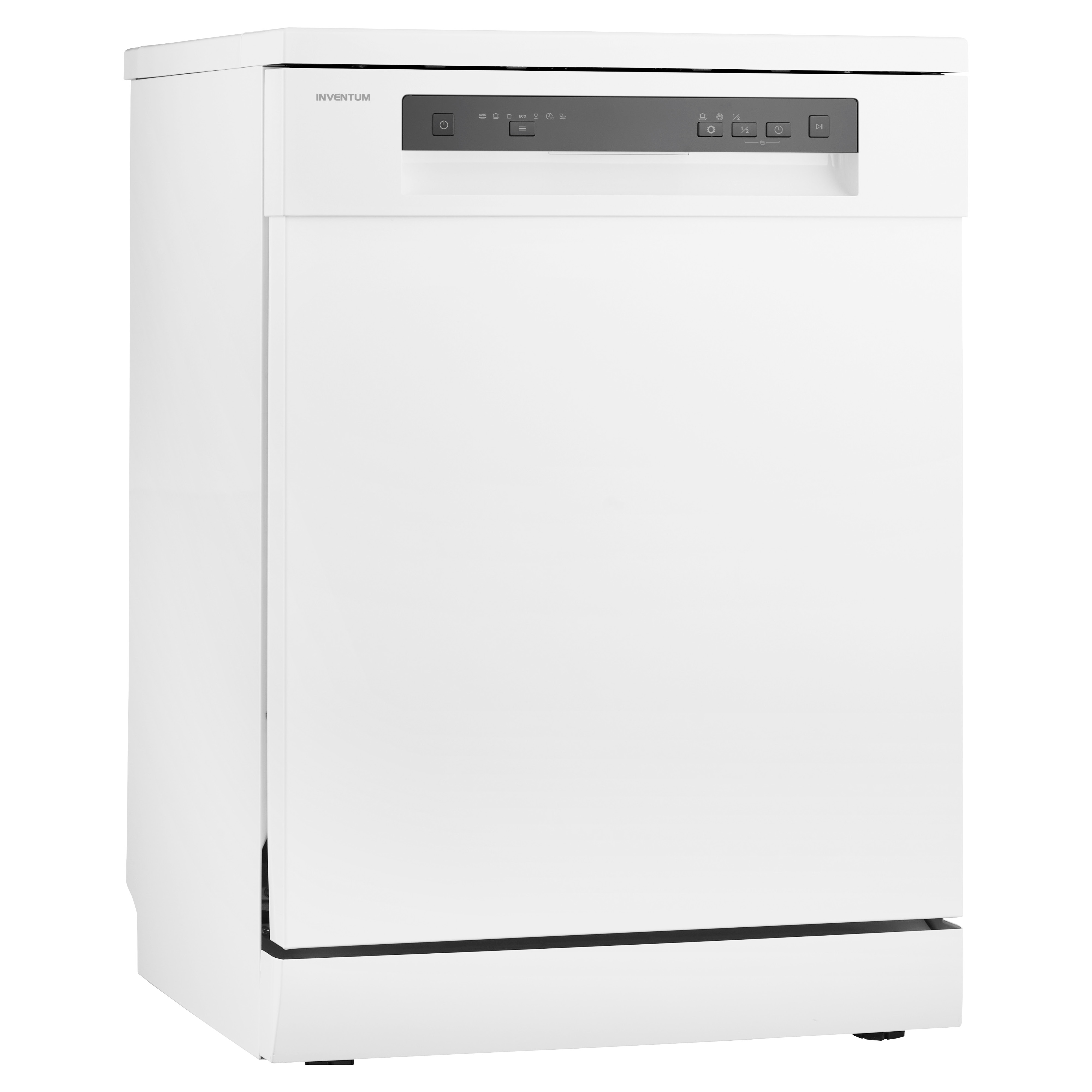 White dishwasher. Black control panel at the top. Brand name is INVENTUM.