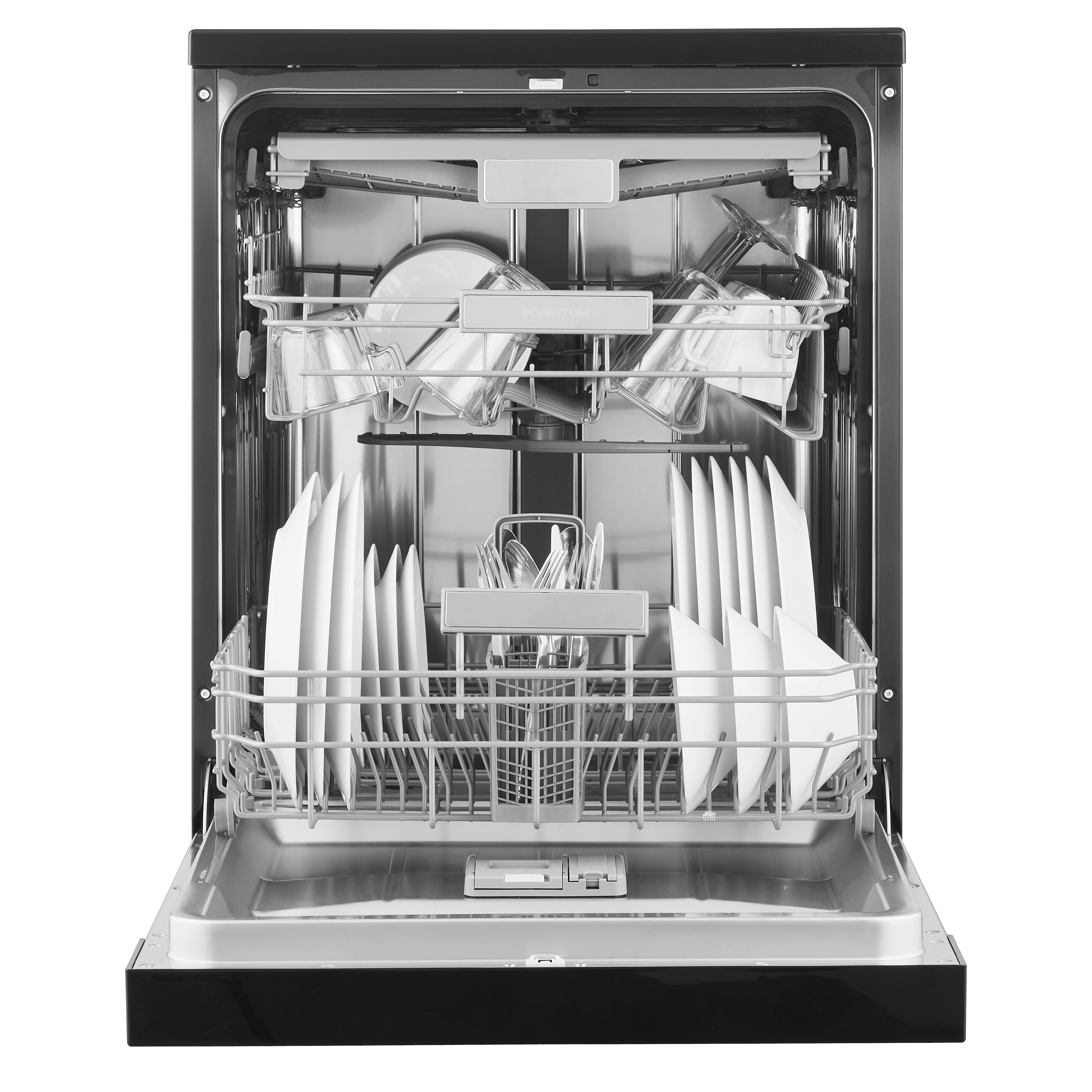 Dishwasher with opened door, filled with plates, glasses, and cutlery.