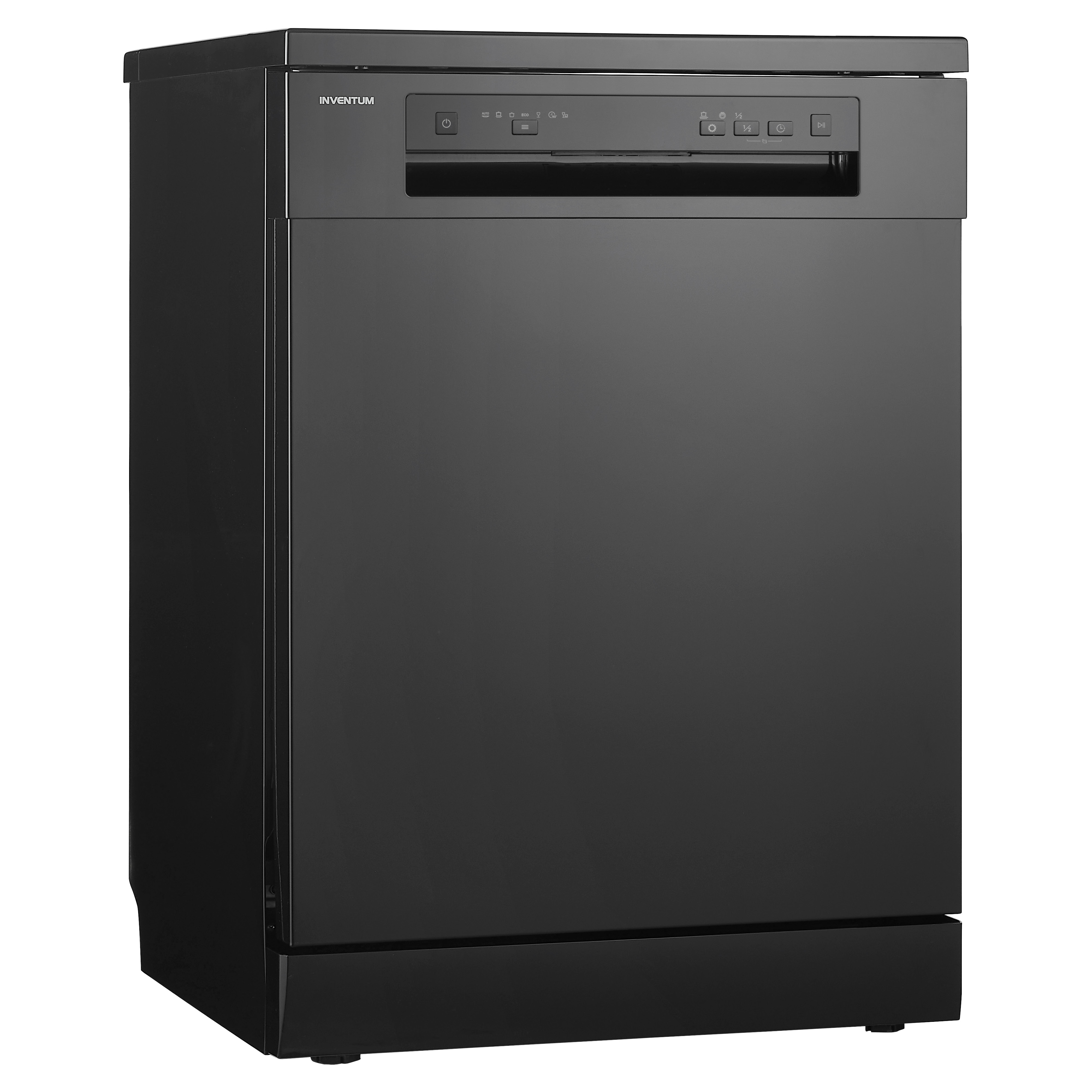Black dishwasher with a control panel at the top. The brand is Inventum.