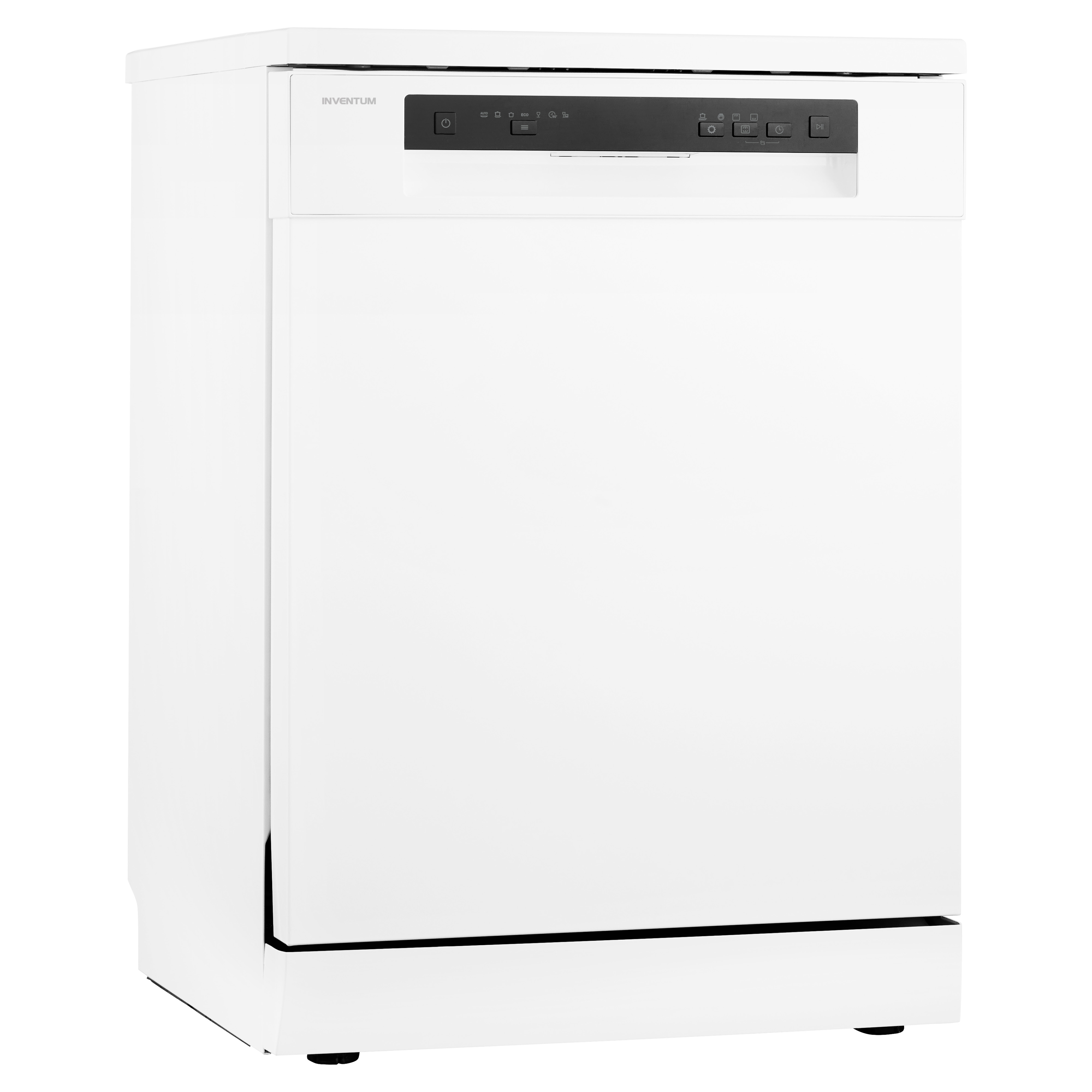 A white dishwasher on a white background. It has a black control panel at the top.
