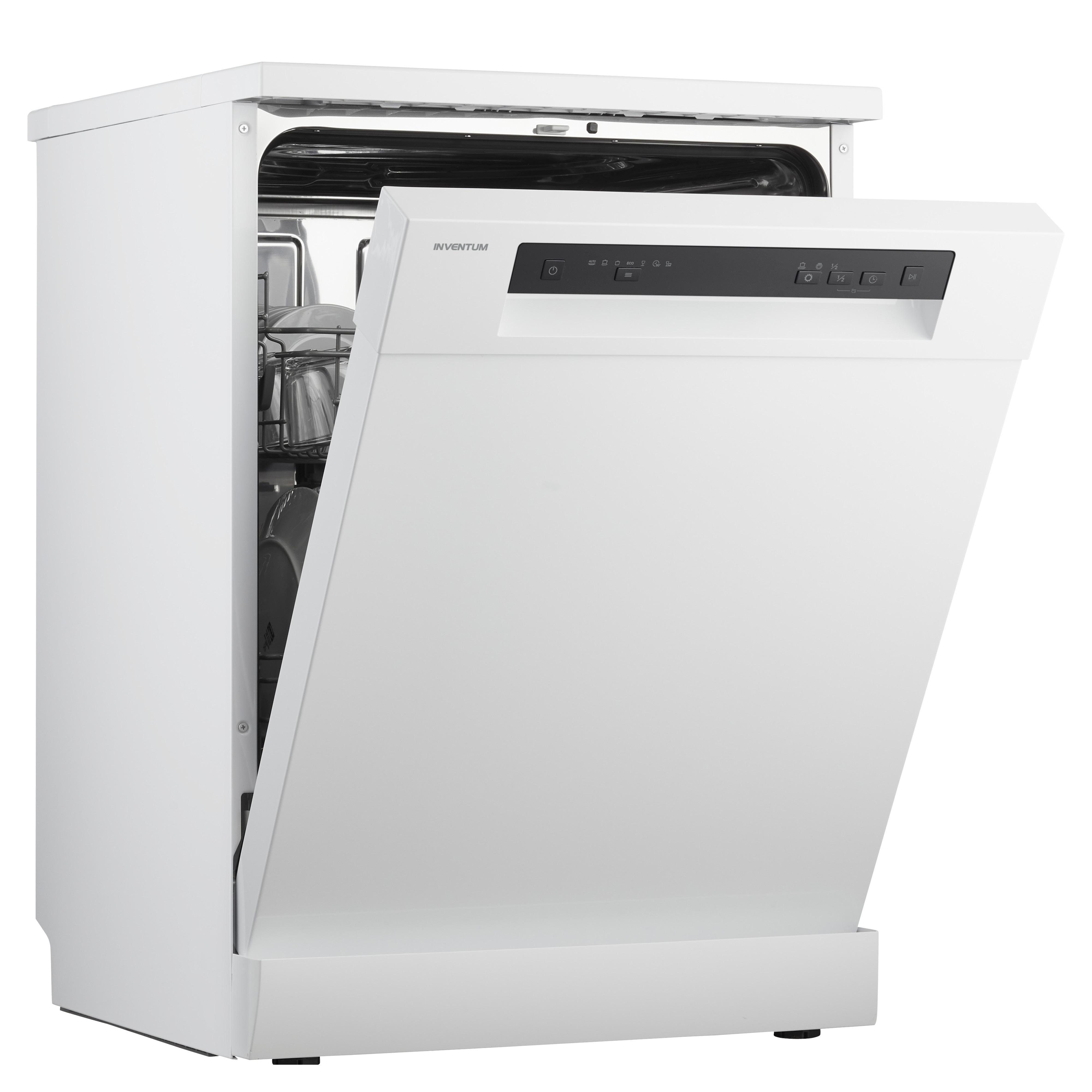 White dishwasher with open door, interior visible. Inverted logo, white exterior.
