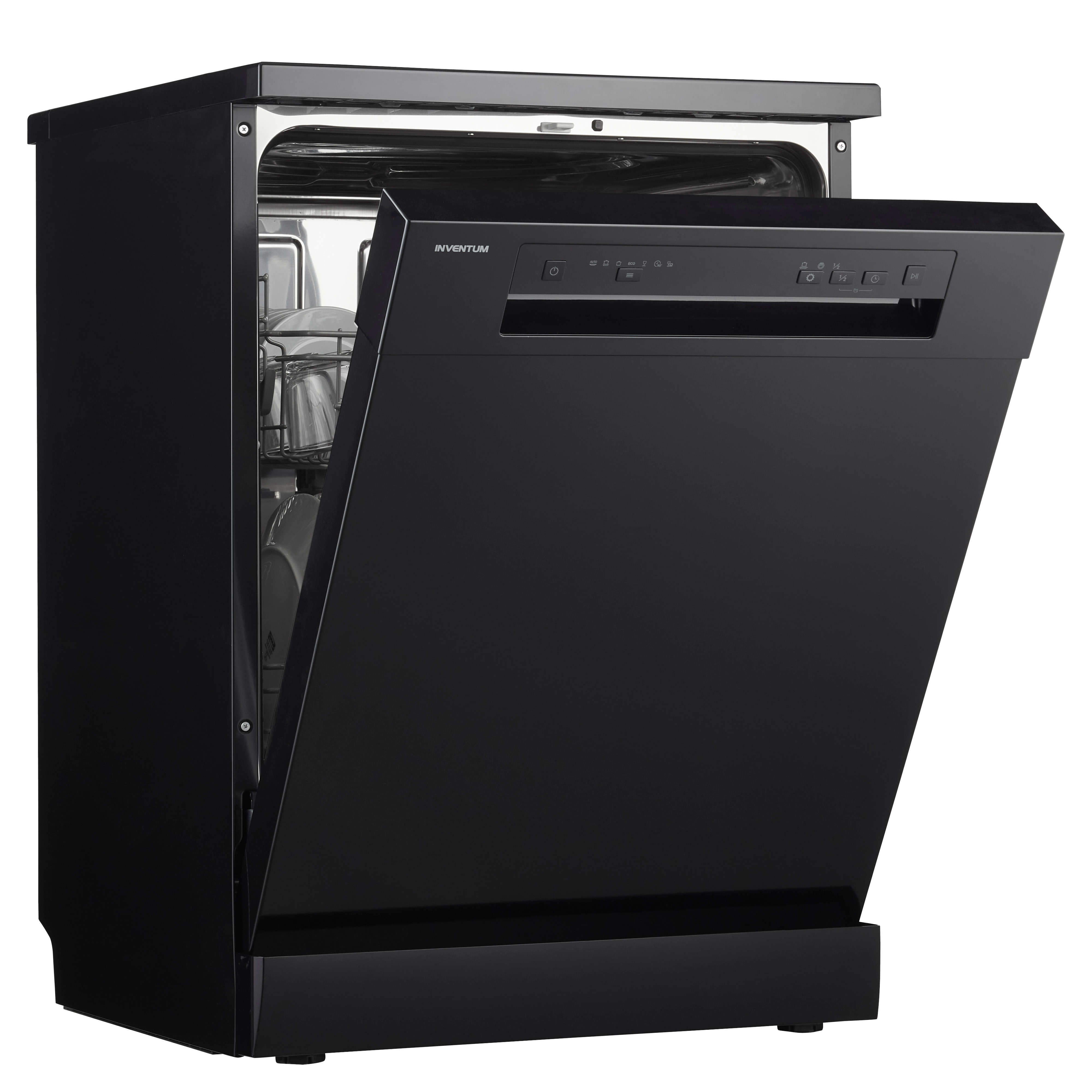 Black dishwasher with open door. The inside shows racks for dishes.
