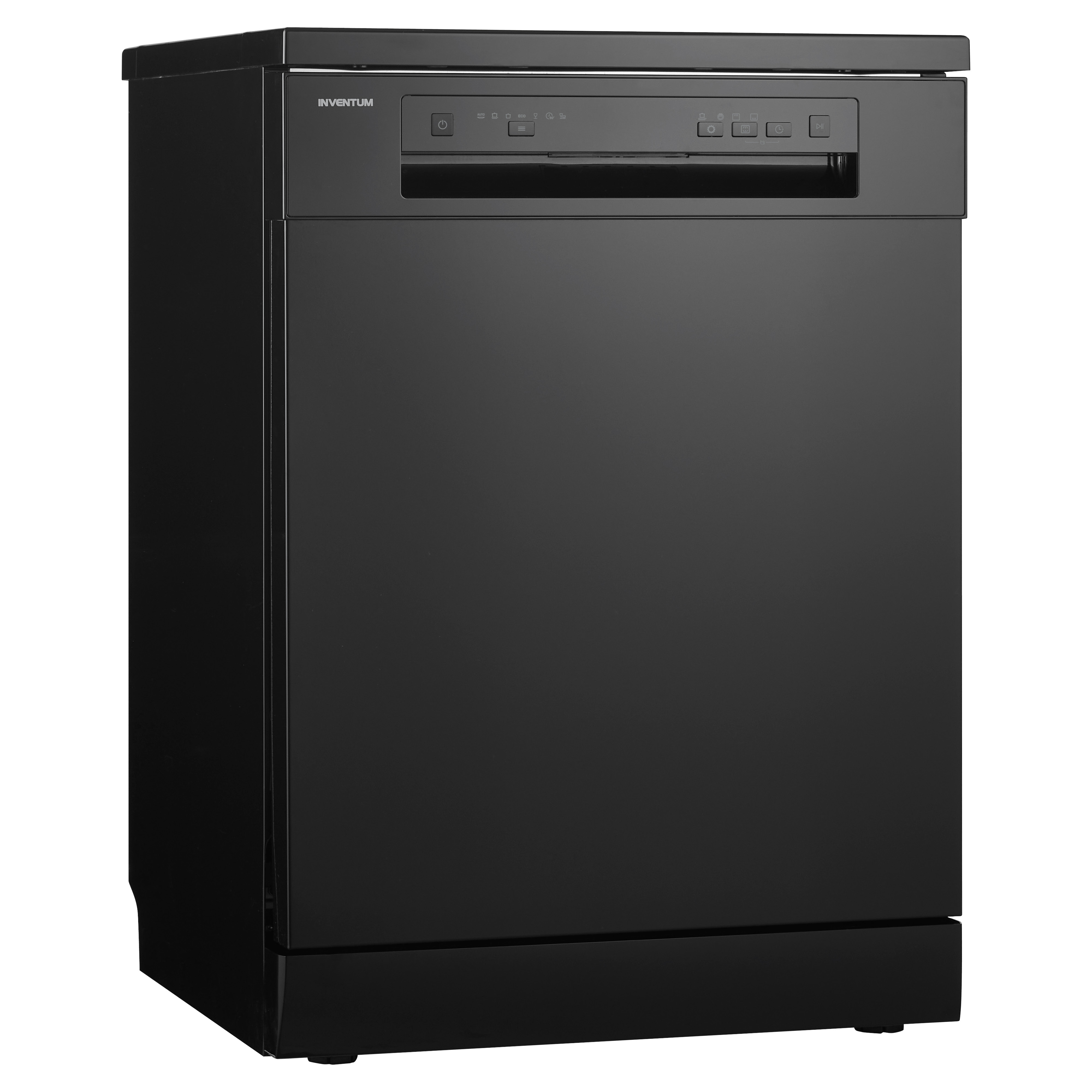 Black dishwasher with a control panel at the top. The brand is Inventum.