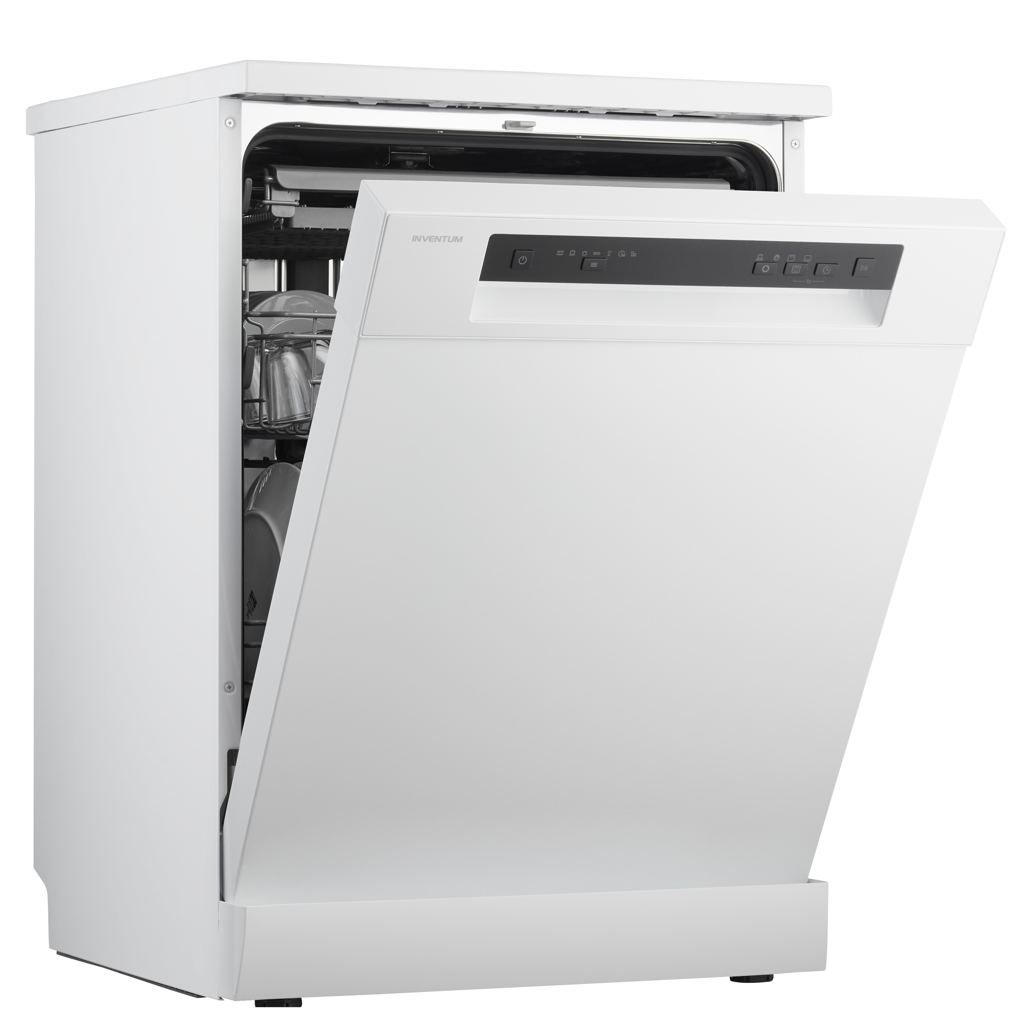 White dishwasher with the door ajar, showing the interior.