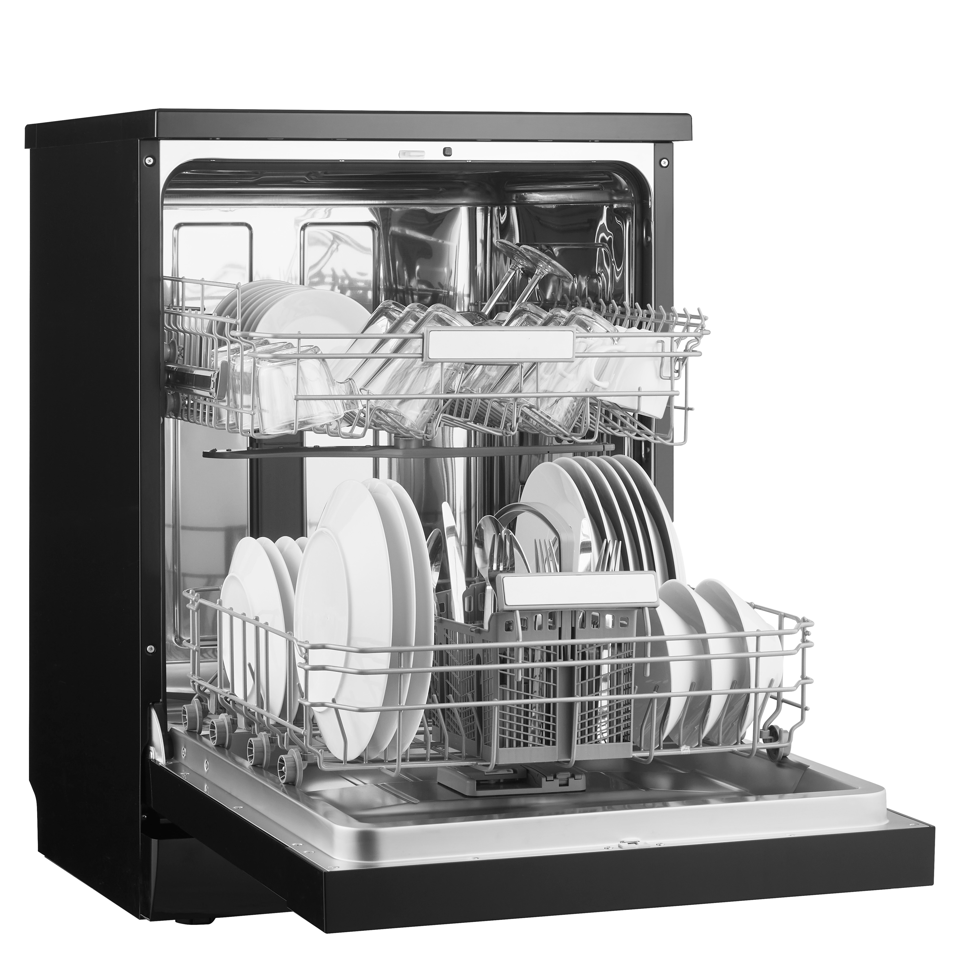 Black dishwasher with open door, filled with dishes and glasses.