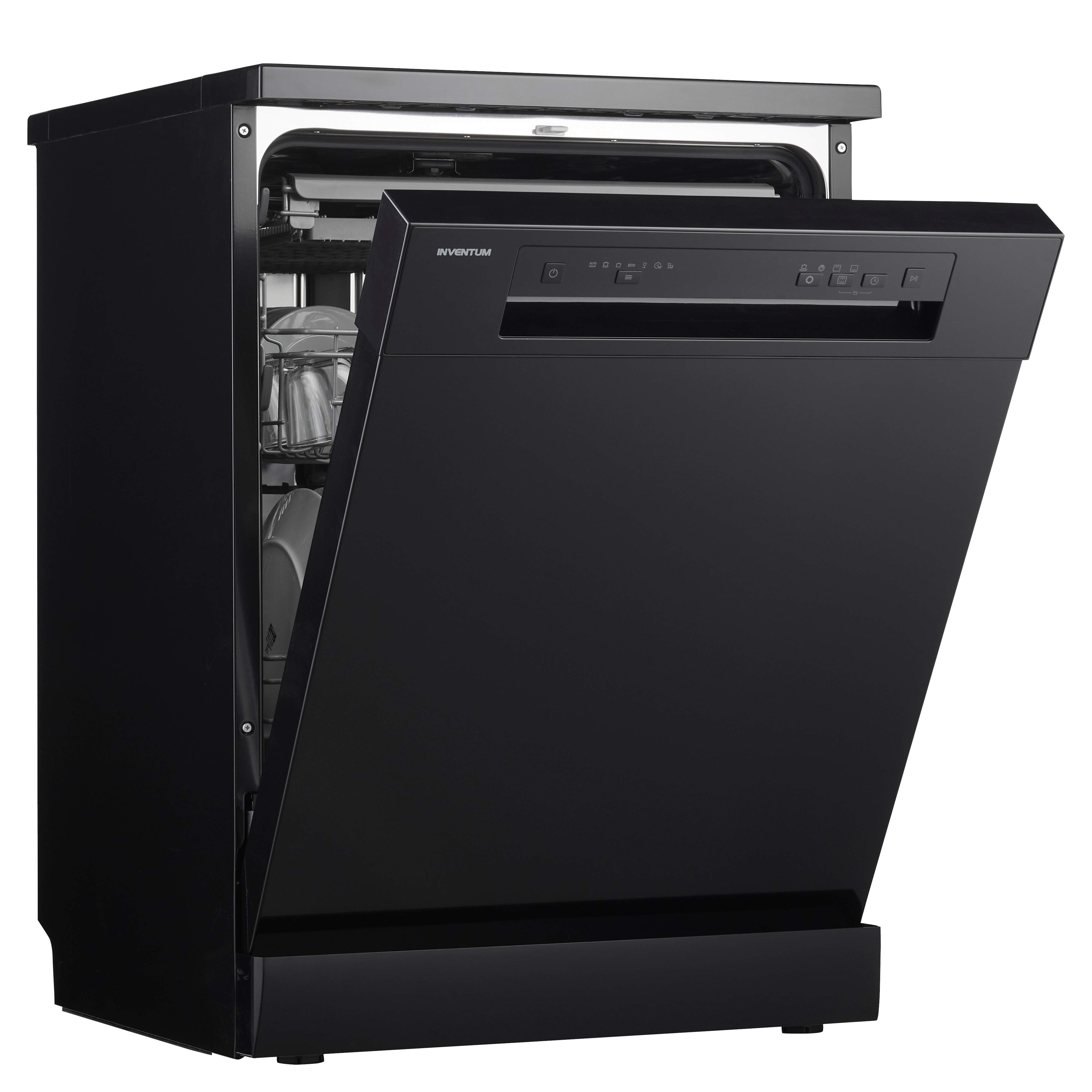 Black dishwasher with the door open. Inside, there are plates and glasses. White background.