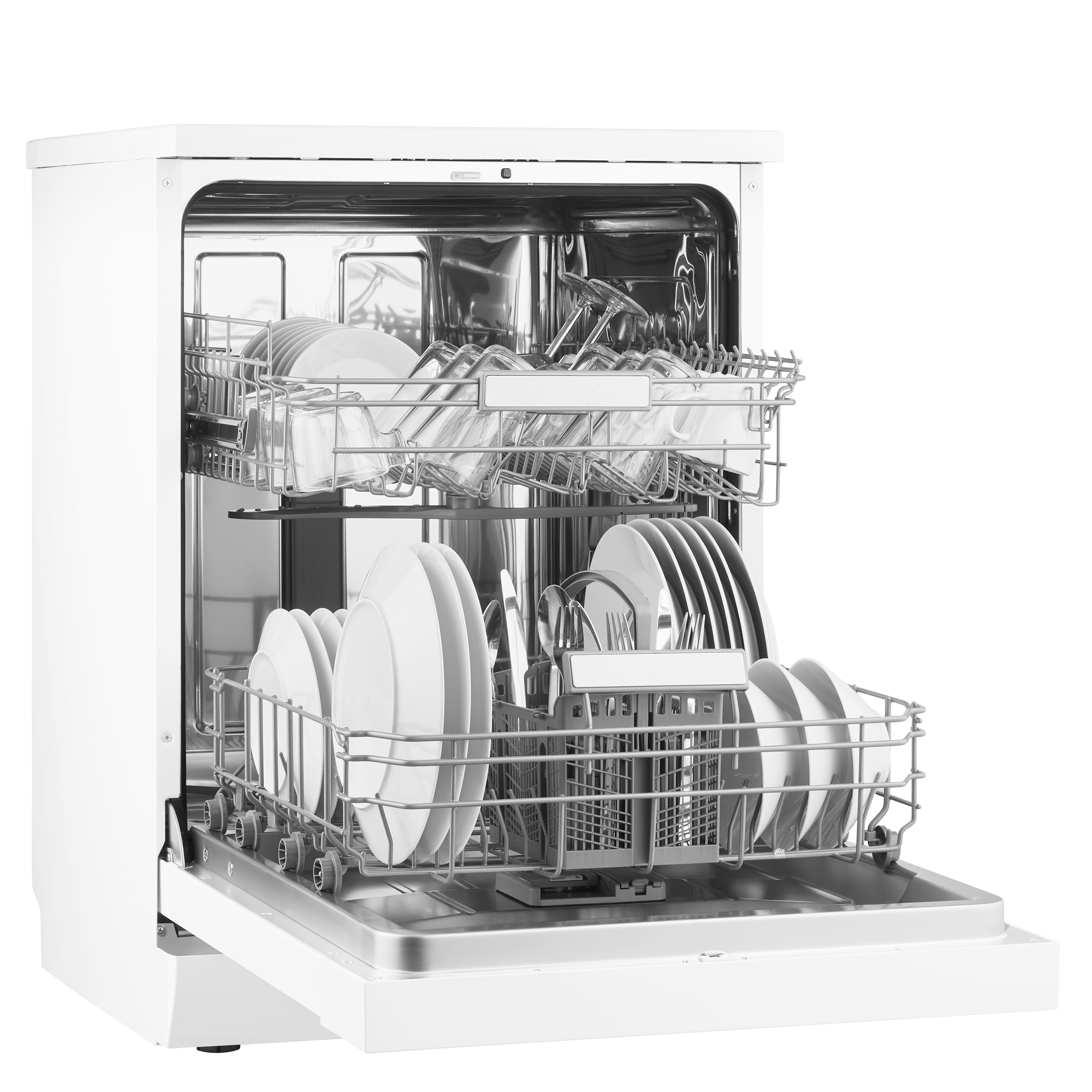 White dishwasher with open door and dishes inside.