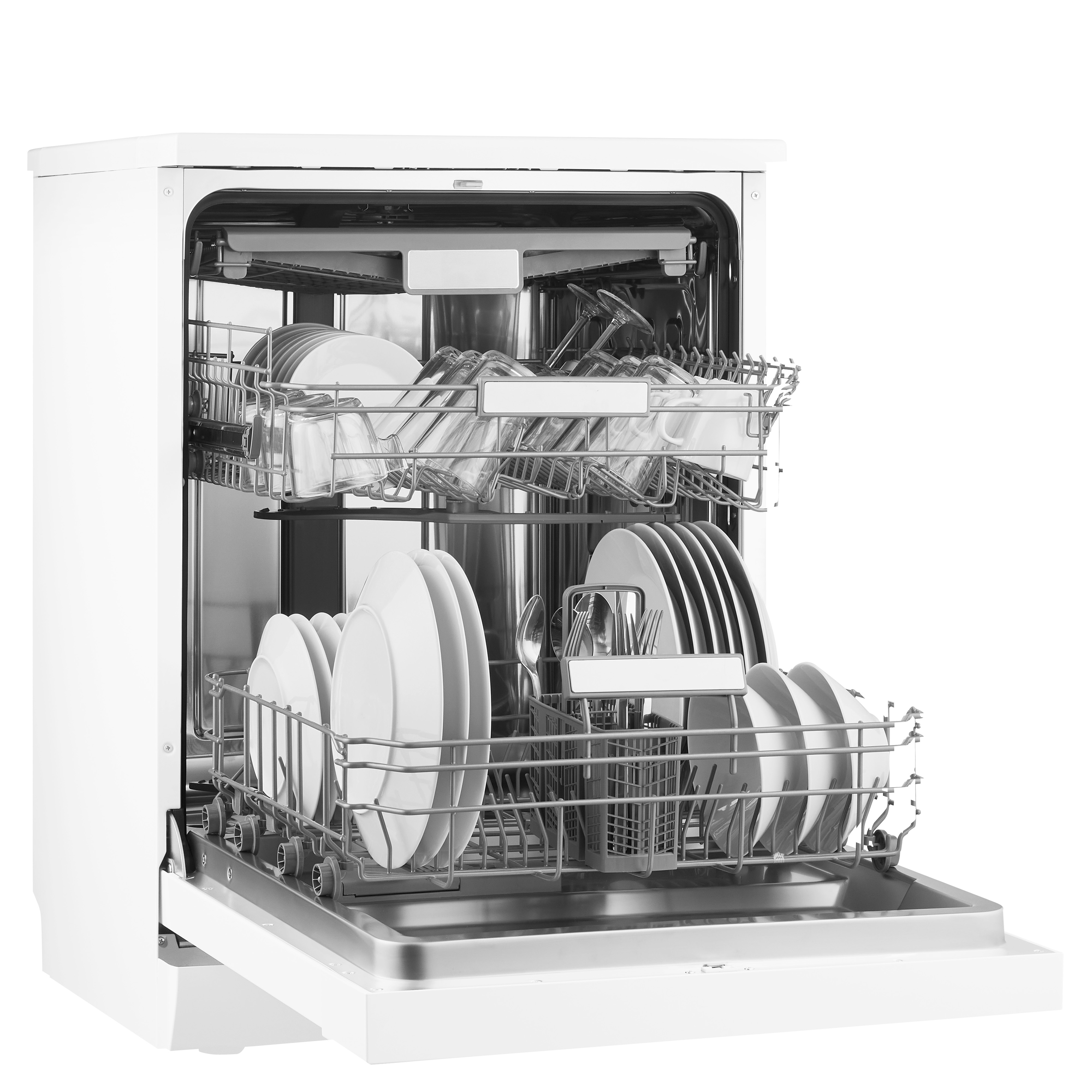 White dishwasher with open door, filled with clean dishes and cutlery in racks.