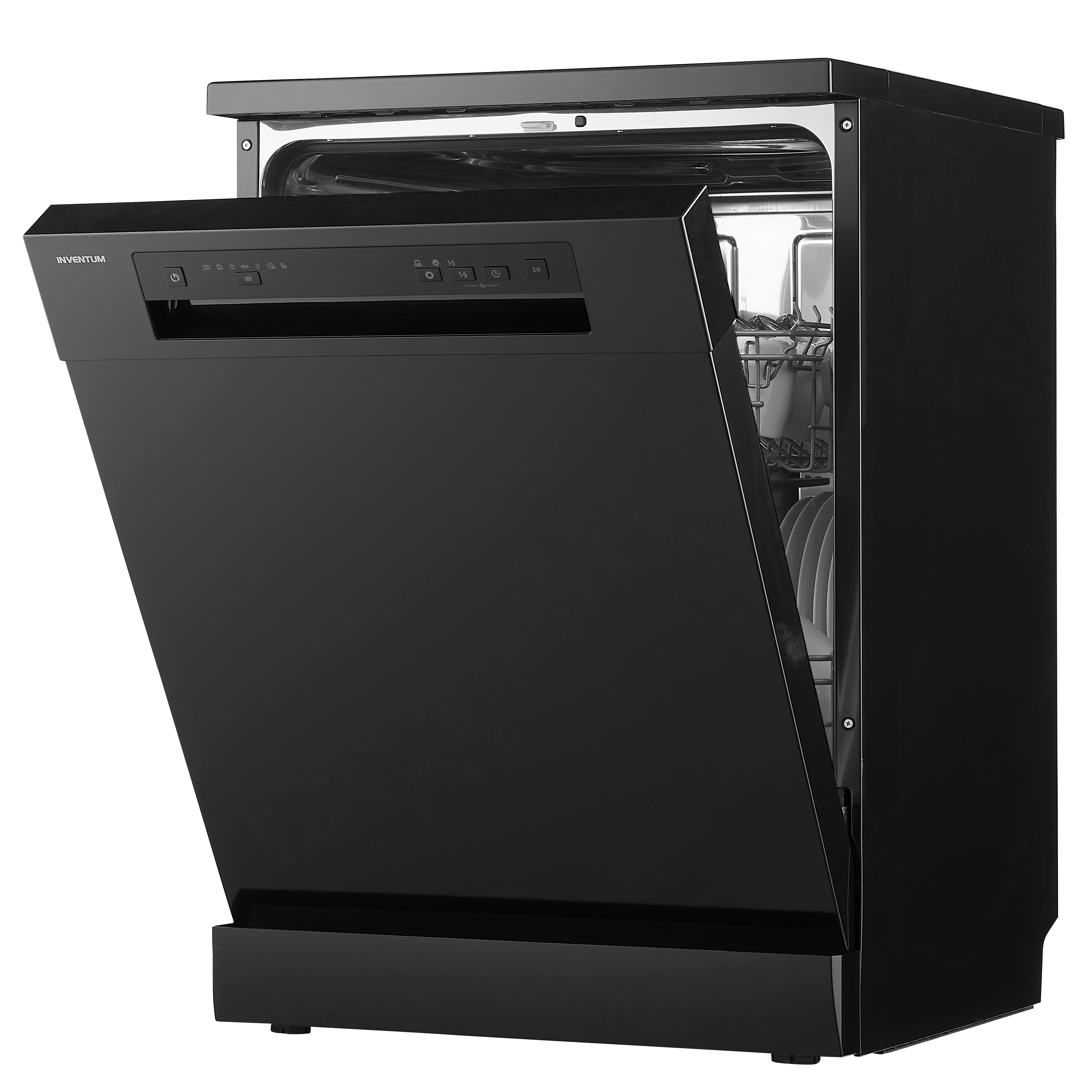 Black dishwasher with open door, interior visible. Inverted logo, black exterior.