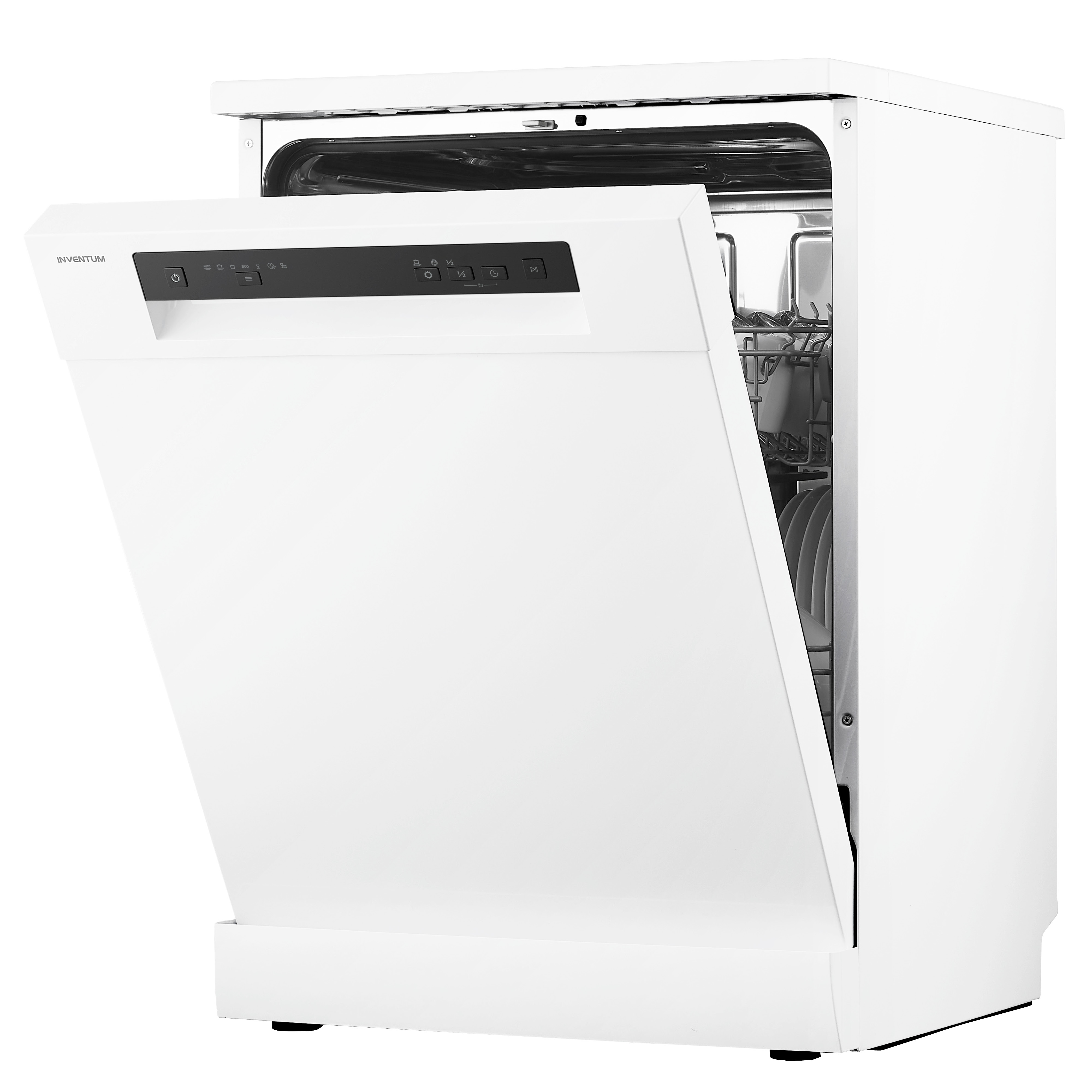 White dishwasher with open door, control panel visible. Side view, white background.