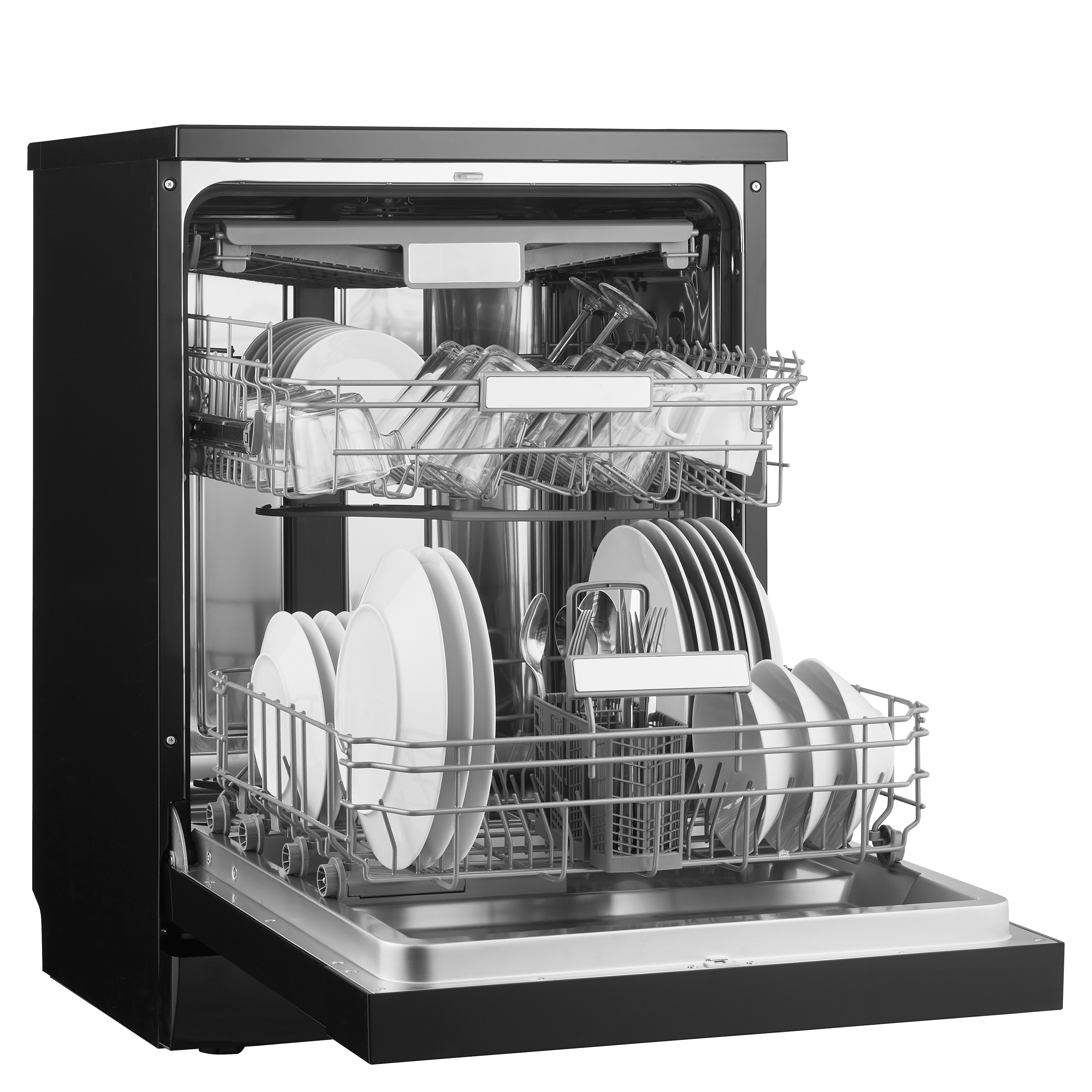 Black dishwasher with open door, showcasing racks filled with dishes.