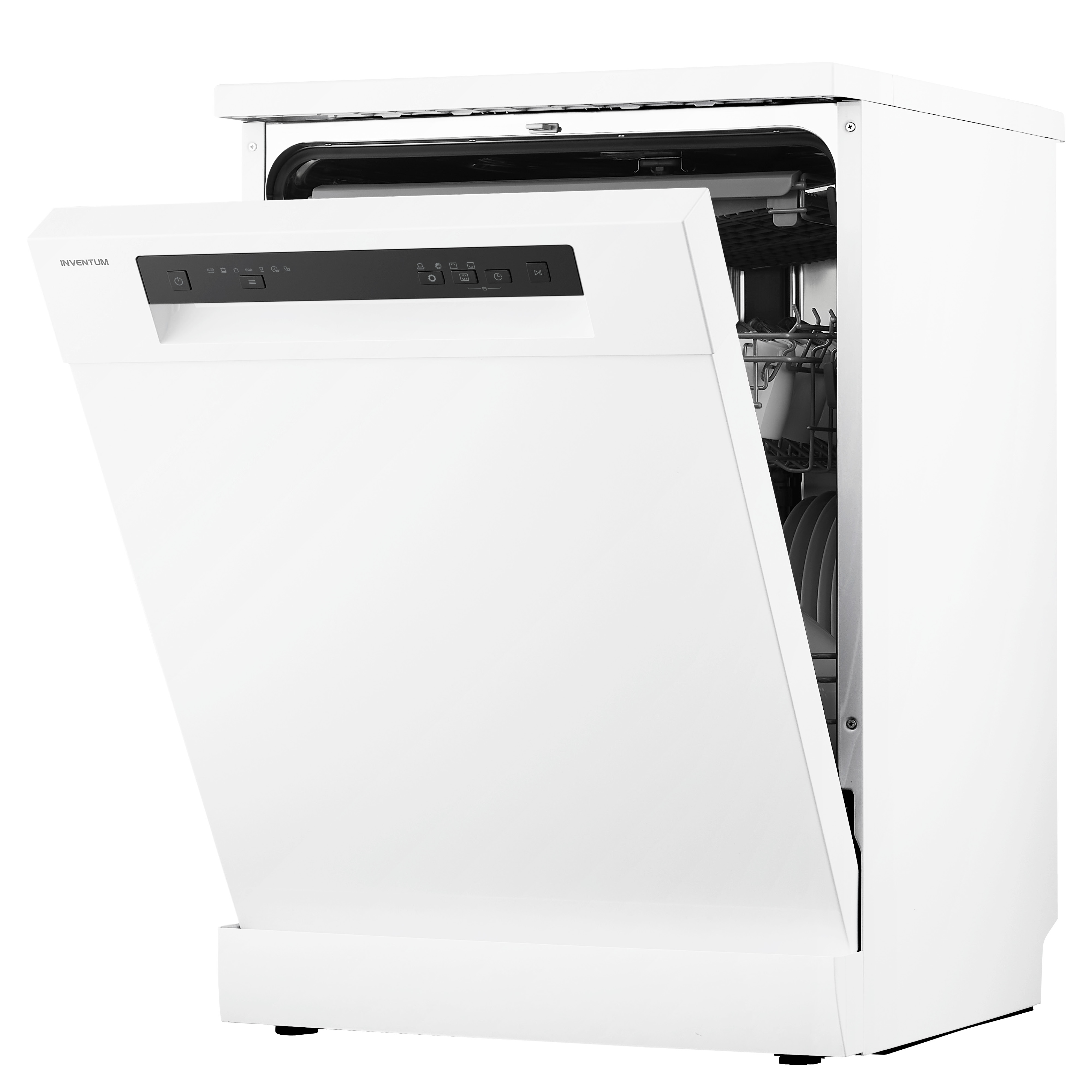 White dishwasher with door open. Black control panel. Inside racks visible.