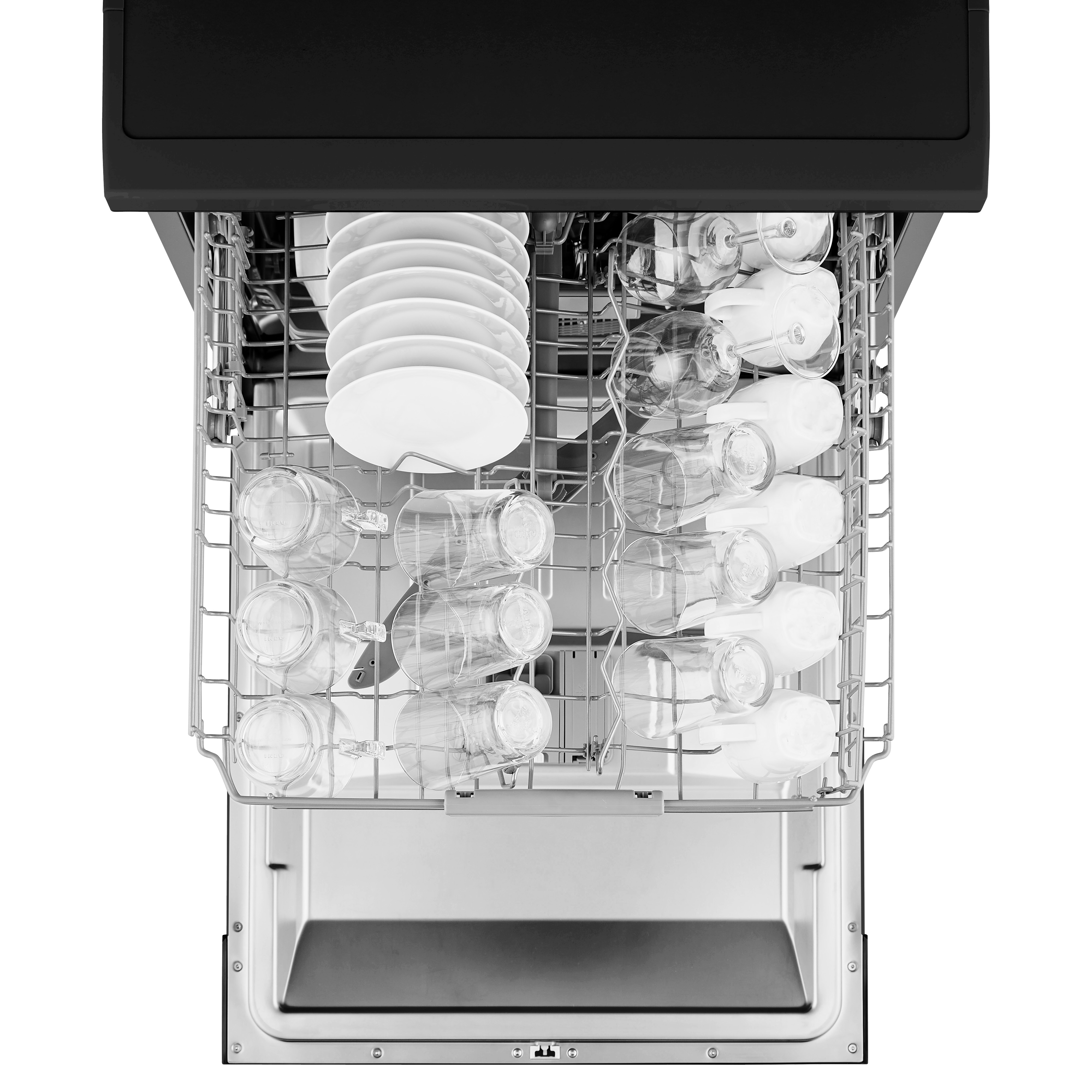 Inside of a dishwasher filled with clean dishes. White plates and glasses are visible. Metal racks.