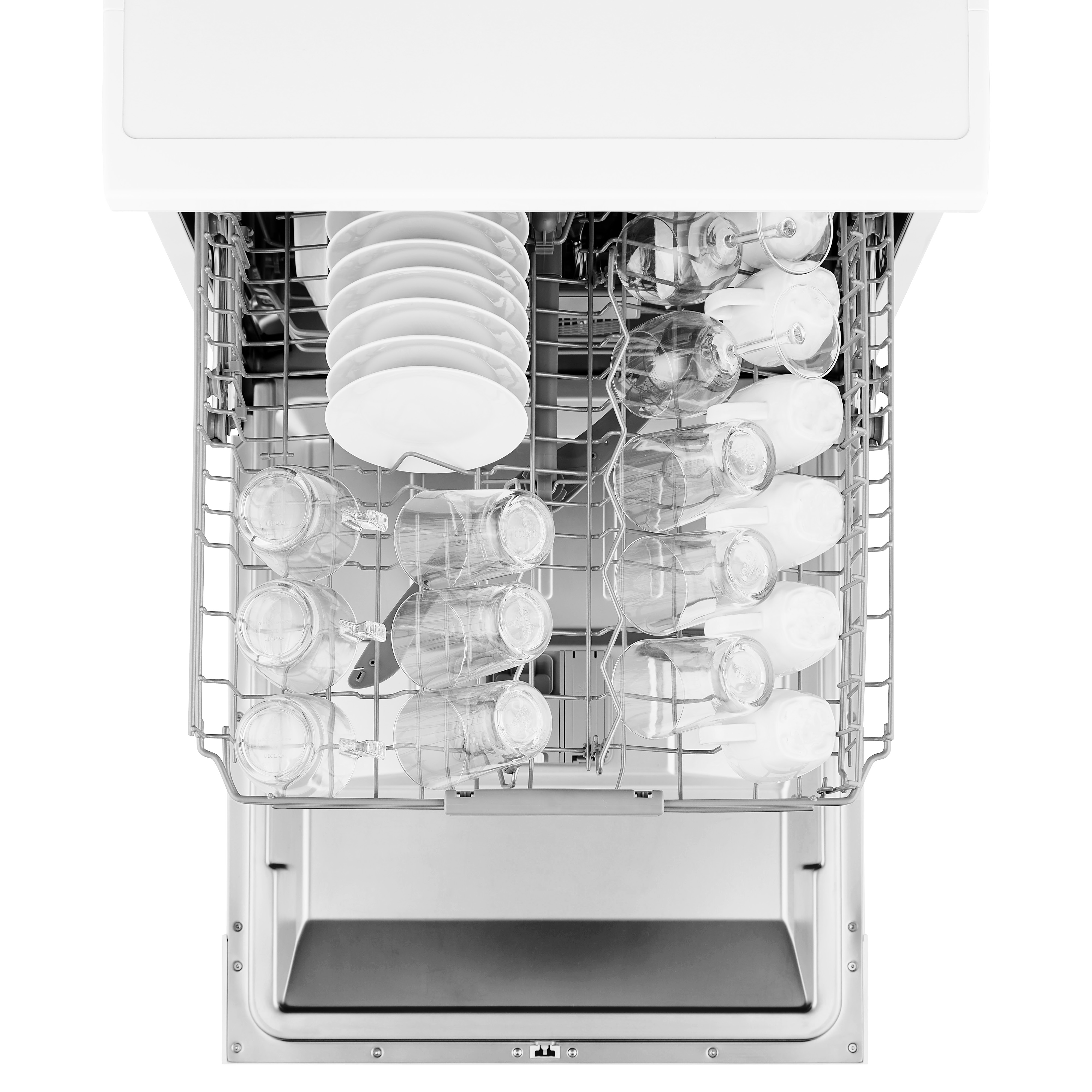 Dishwasher interior with racks filled with glasses and plates.
