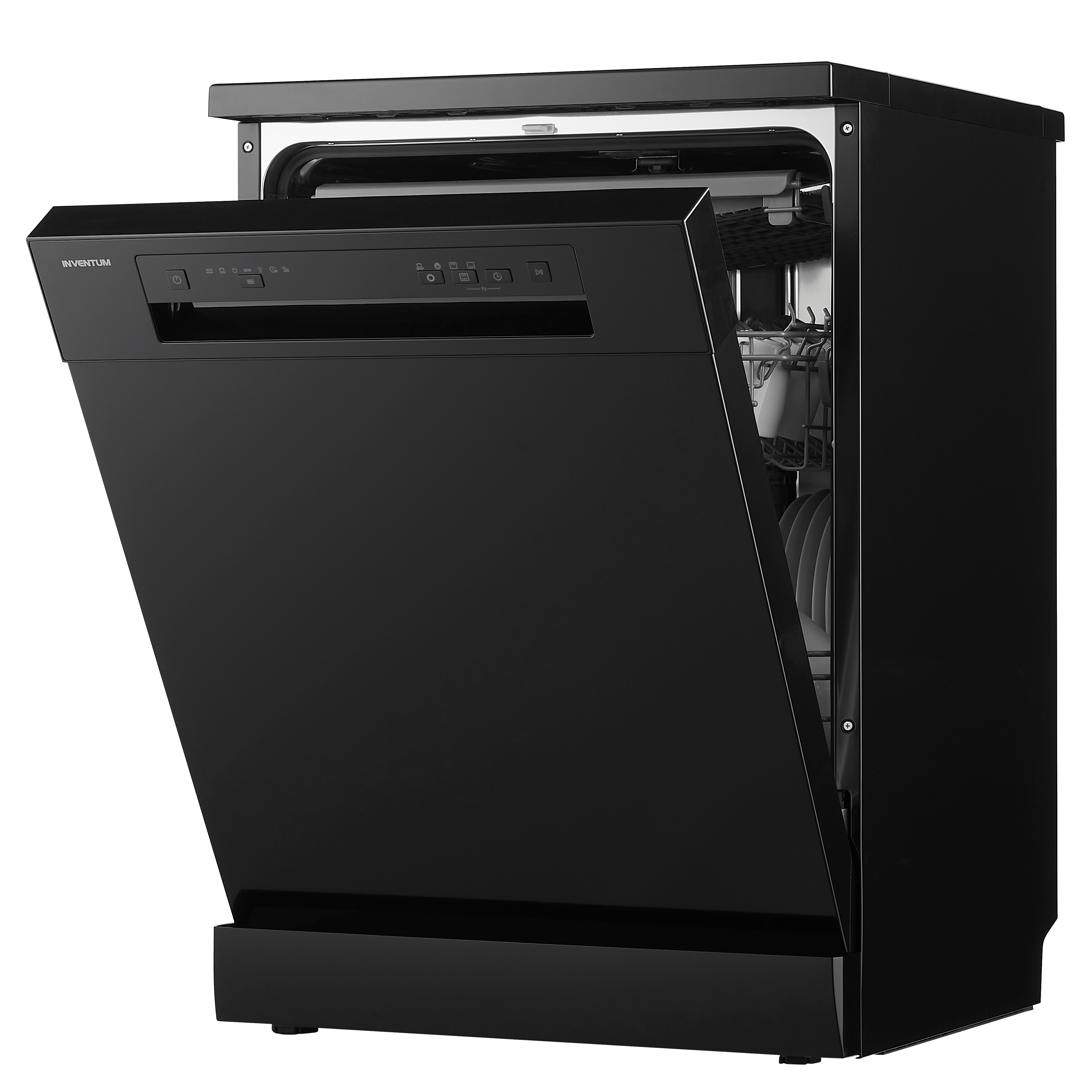 Black dishwasher with open door. Control panel and interior visible. White background.