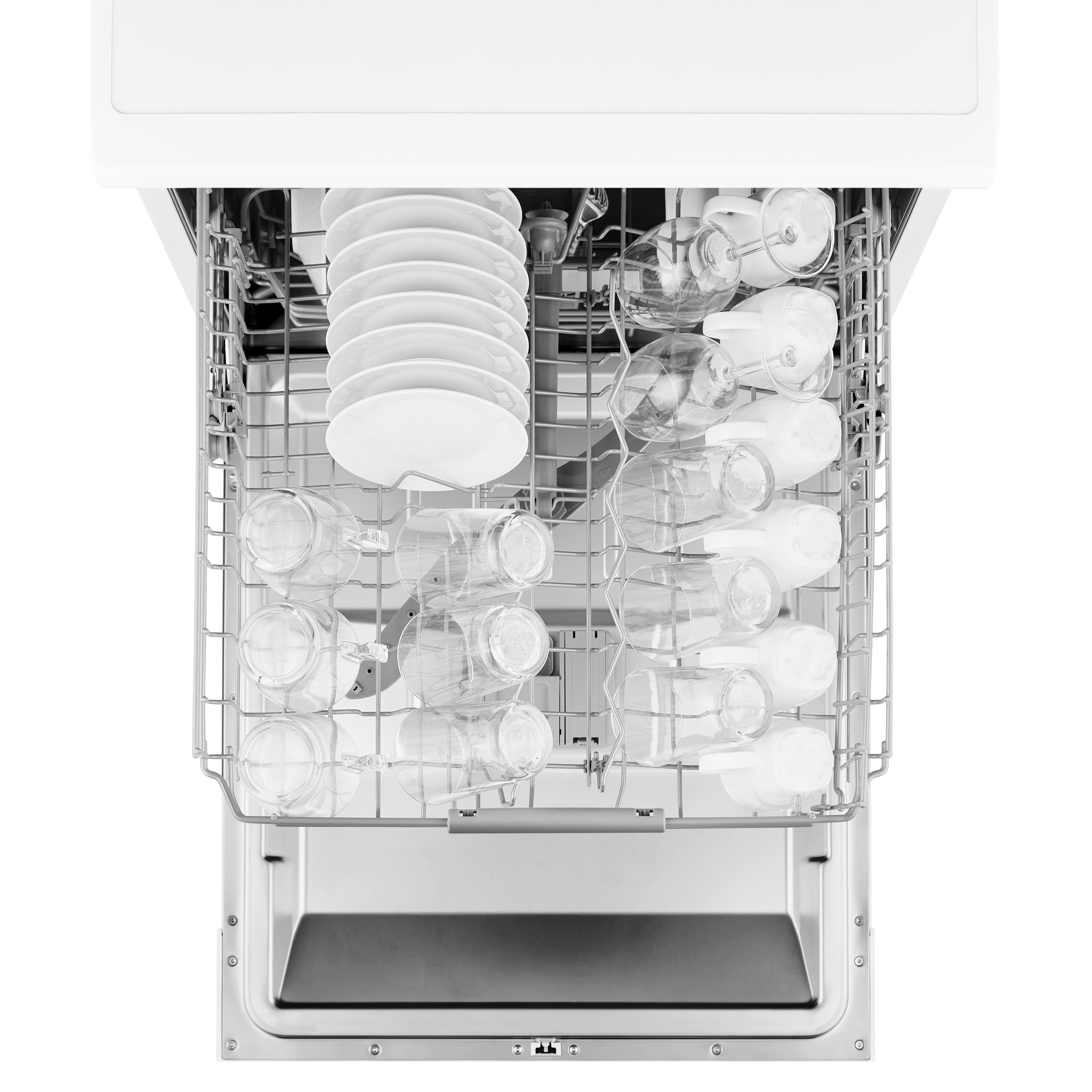 Dishwasher interior with racks filled with glasses and plates.