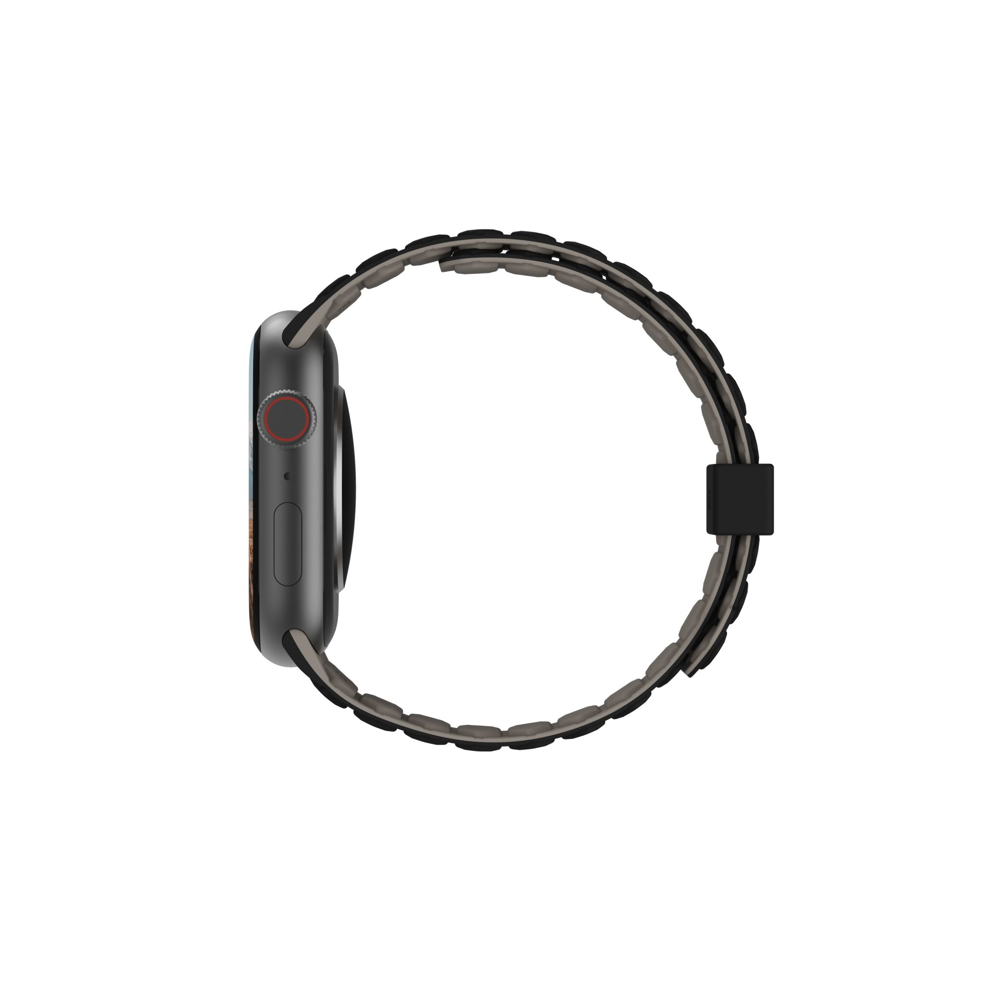 Seitenansicht einer schwarzen Smartwatch mit grauem Armband. Die Uhr ist vor weißem Hintergrund.