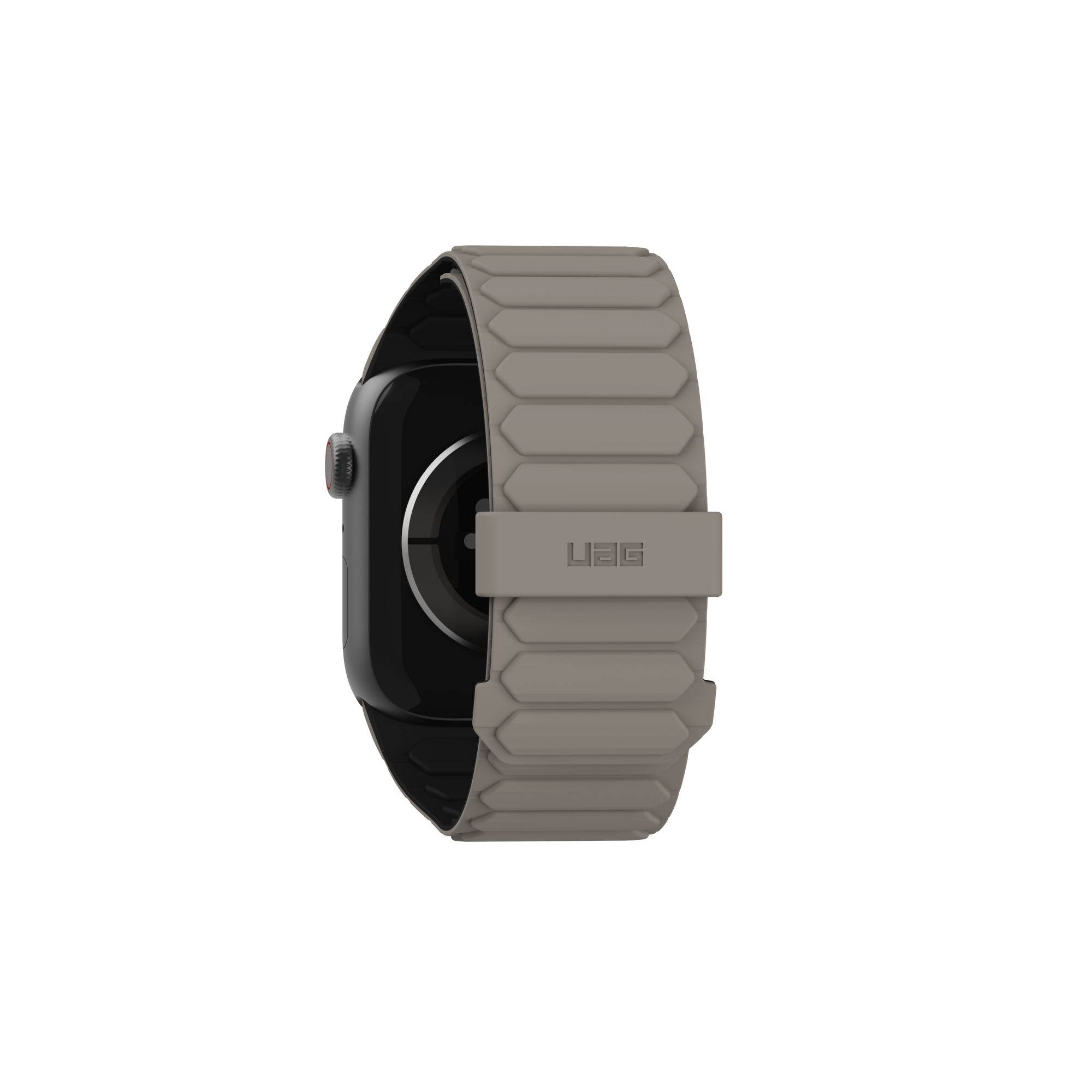 Apple Watch z szarym paskiem UAG.