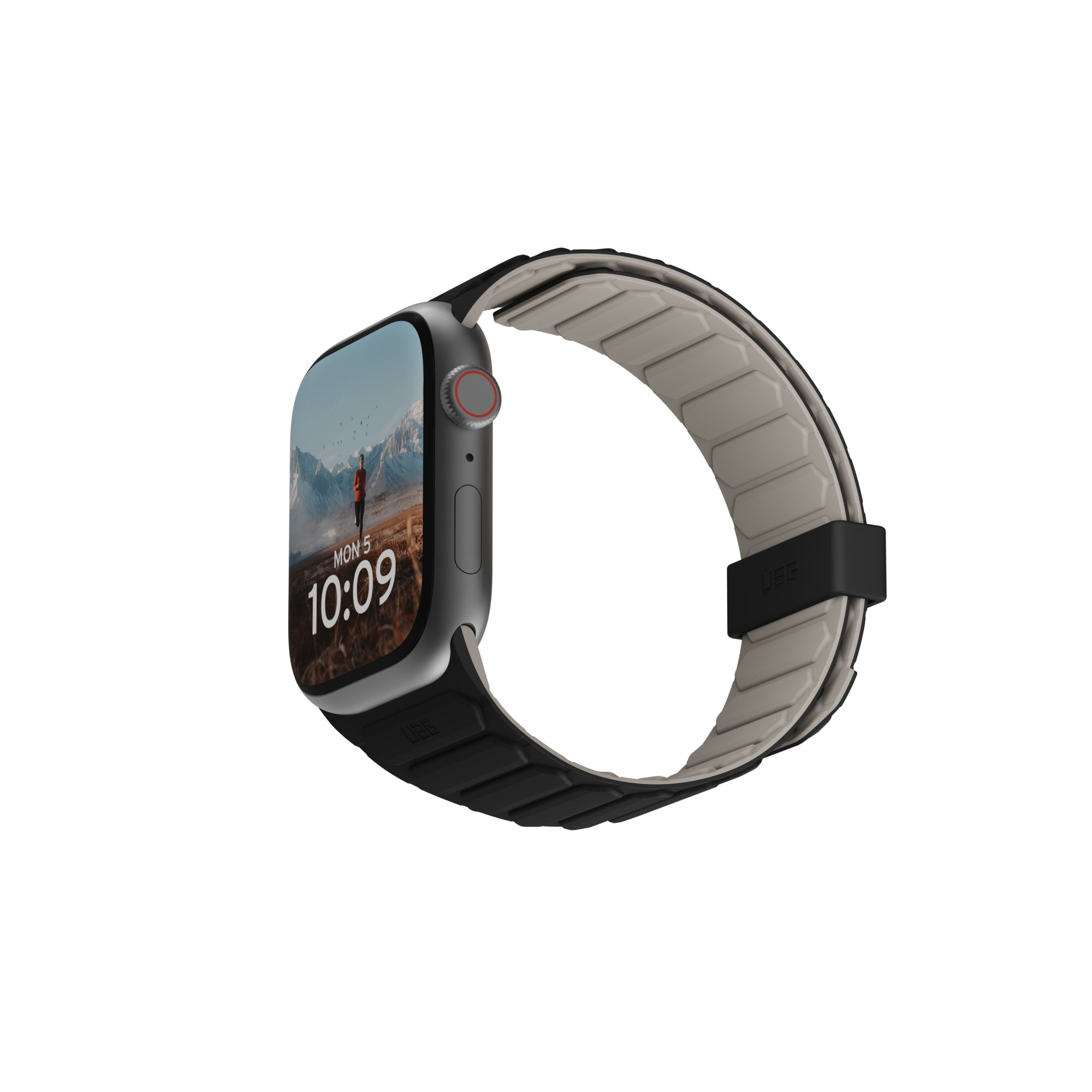 Czarny Apple Watch z szarym paskiem, wyświetlający górski krajobraz.