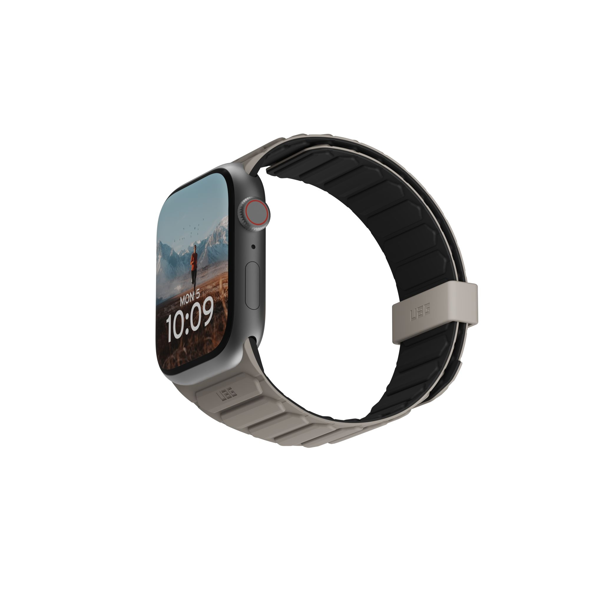 Apple Watch z szarym paskiem. Pokazuje godzinę i krajobraz.