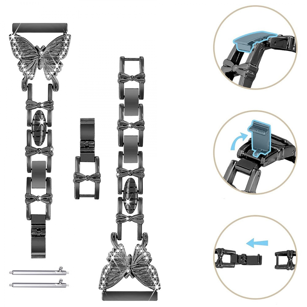 Uhrenarmband mit Schmetterlingsdesign. Enthält mehrere Kettenglieder und Verbindungsmechanismen.