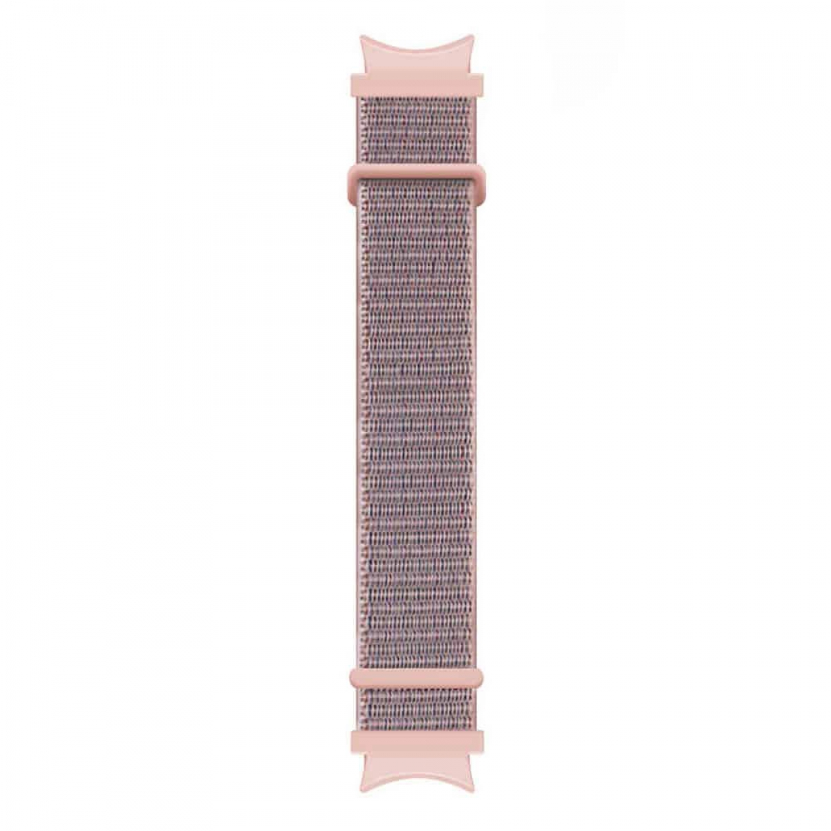 Ein rosa und gewebtes Uhrenarmband auf weißem Hintergrund.