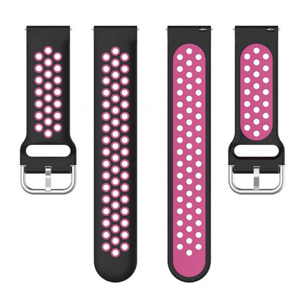 Schwarze Armbänder mit pinkfarbenem Punktmuster und silbernen Schnallen.