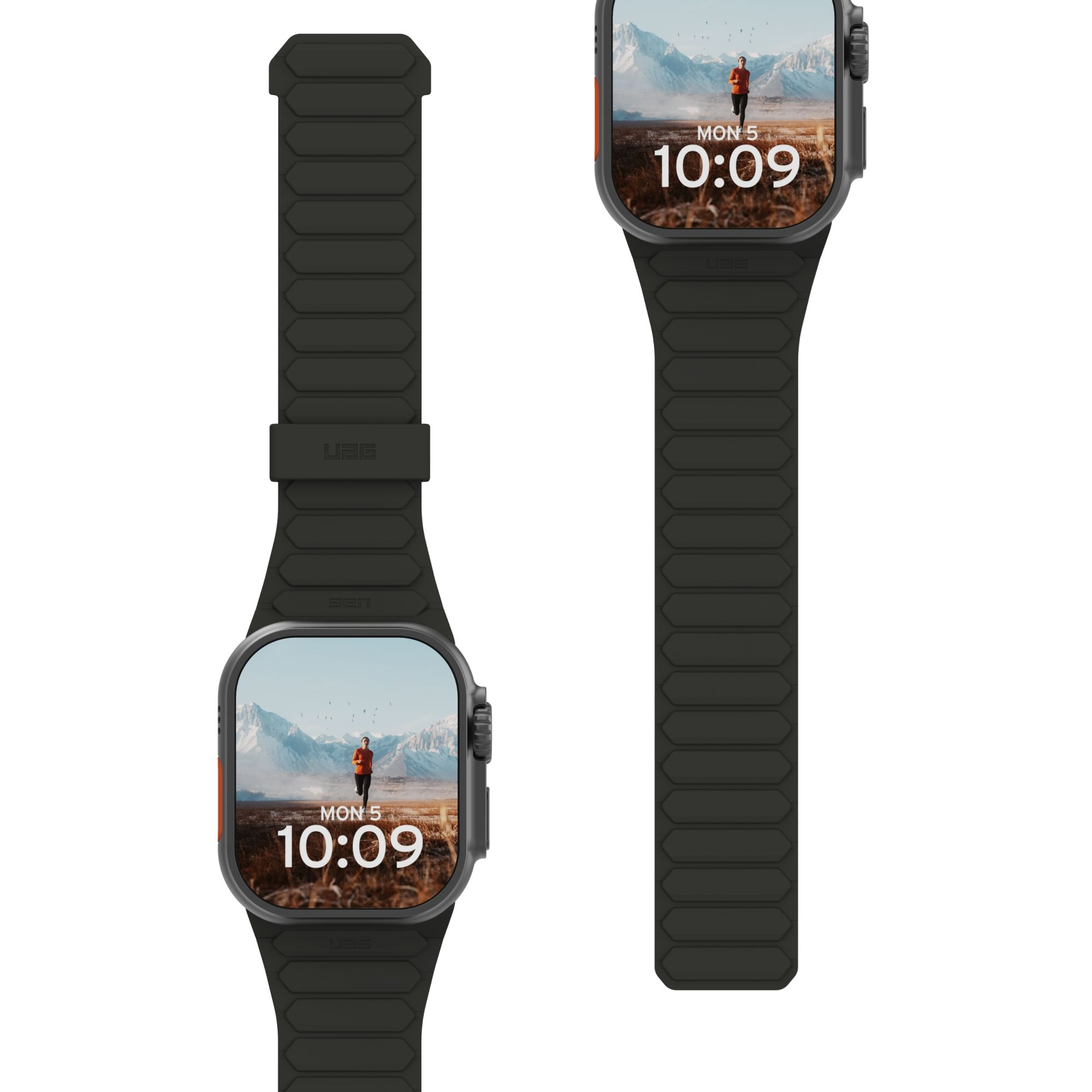 Dwa zdjęcia czarnego Apple Watcha z czarnym paskiem, scena górska.