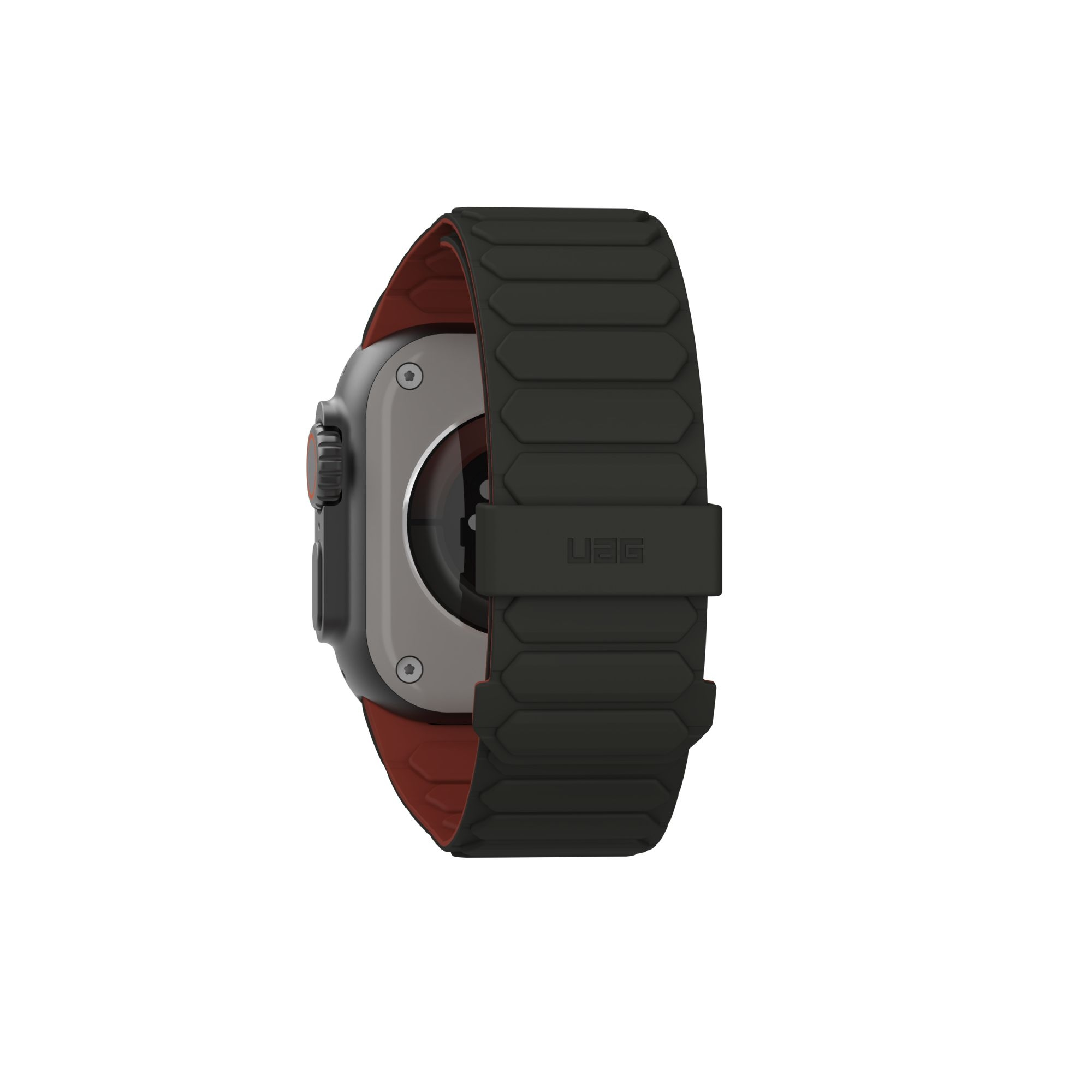 Smartwatch, widok z boku, z czarnym paskiem.