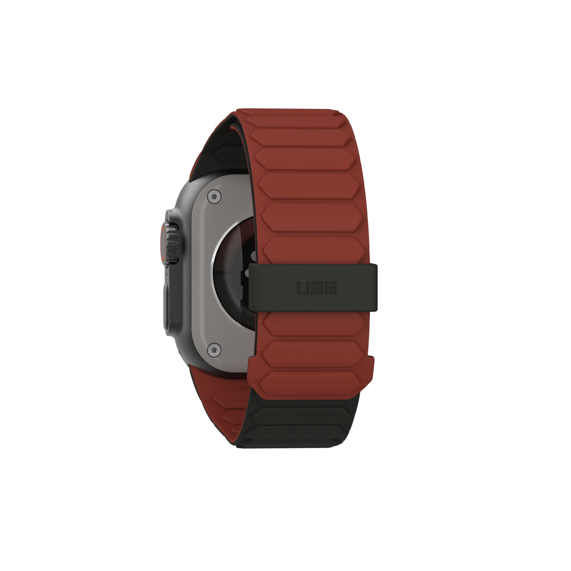 Widok z tyłu Apple Watch z czerwono-czarnym paskiem, pokazujący czujnik i markę UAG.