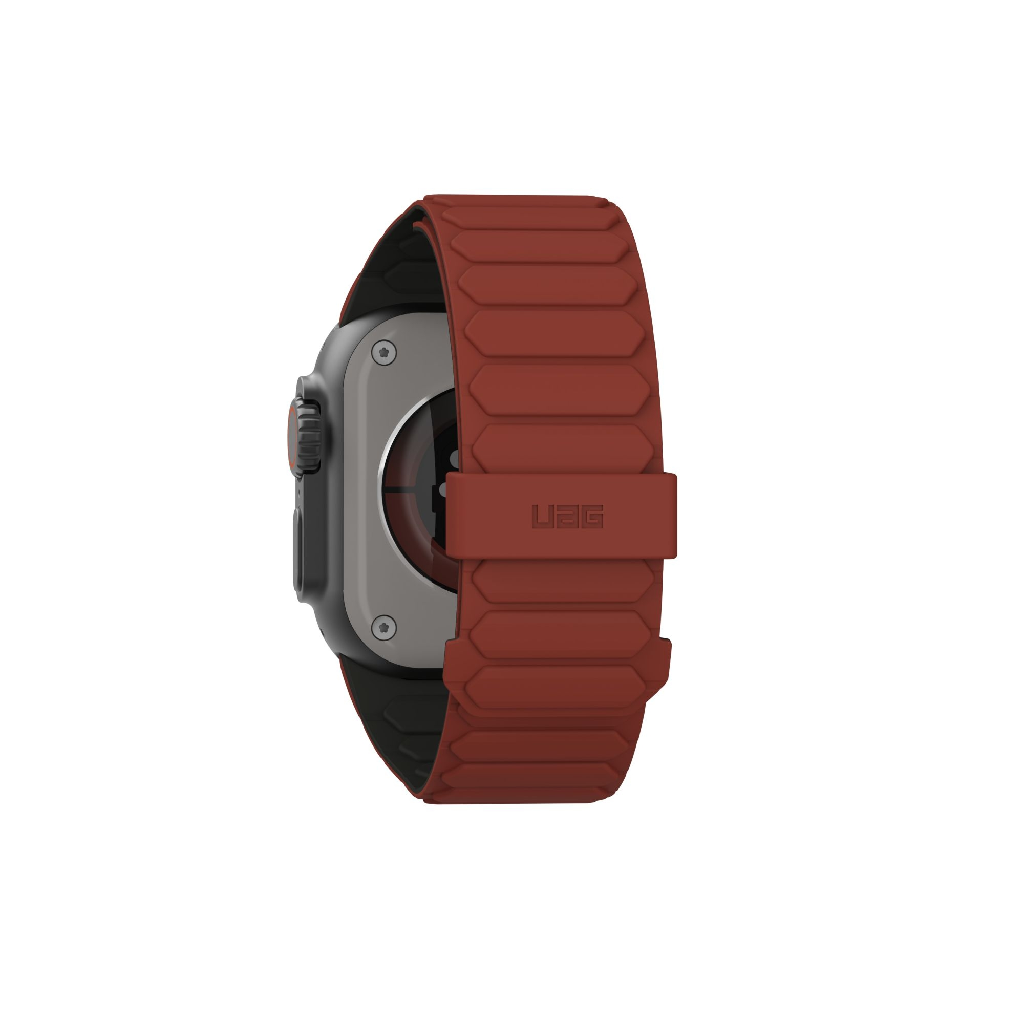 Smartwatch na brązowym pasku. Tył zegarka jest widoczny z logo UAG.