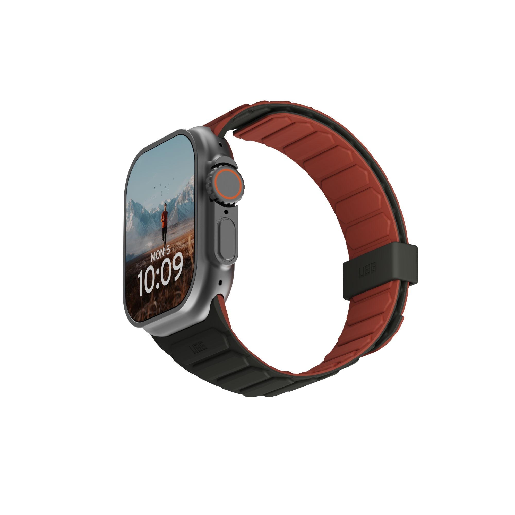Czarny i czerwony smartwatch, wyświetlający ekran ze szczegółami czasu i lokalizacji, na białym tle.