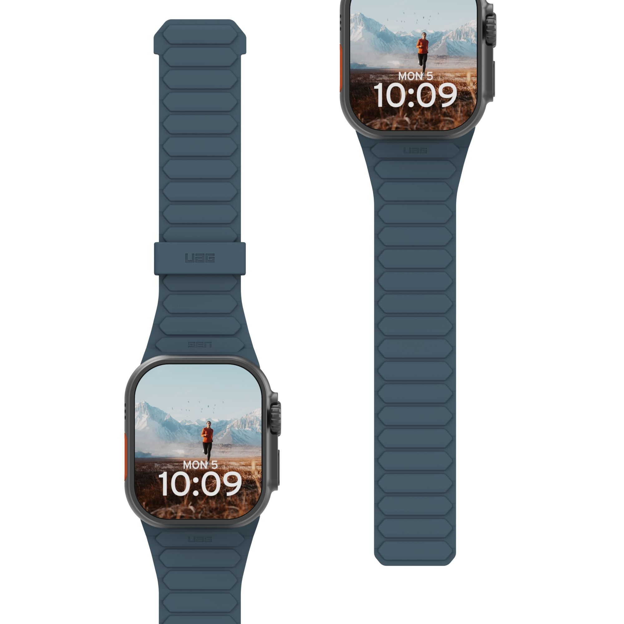 Smartwatch z niebieskim paskiem, pokazujący czas i krajobraz.