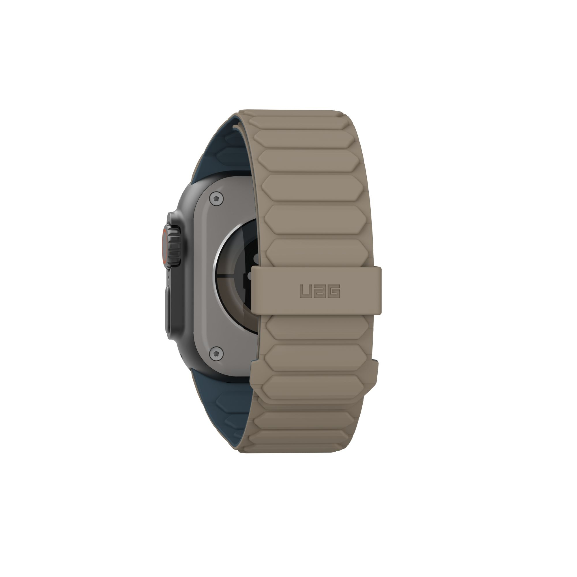 Zbliżenie szarego Apple Watch Ultra z beżowym paskiem.