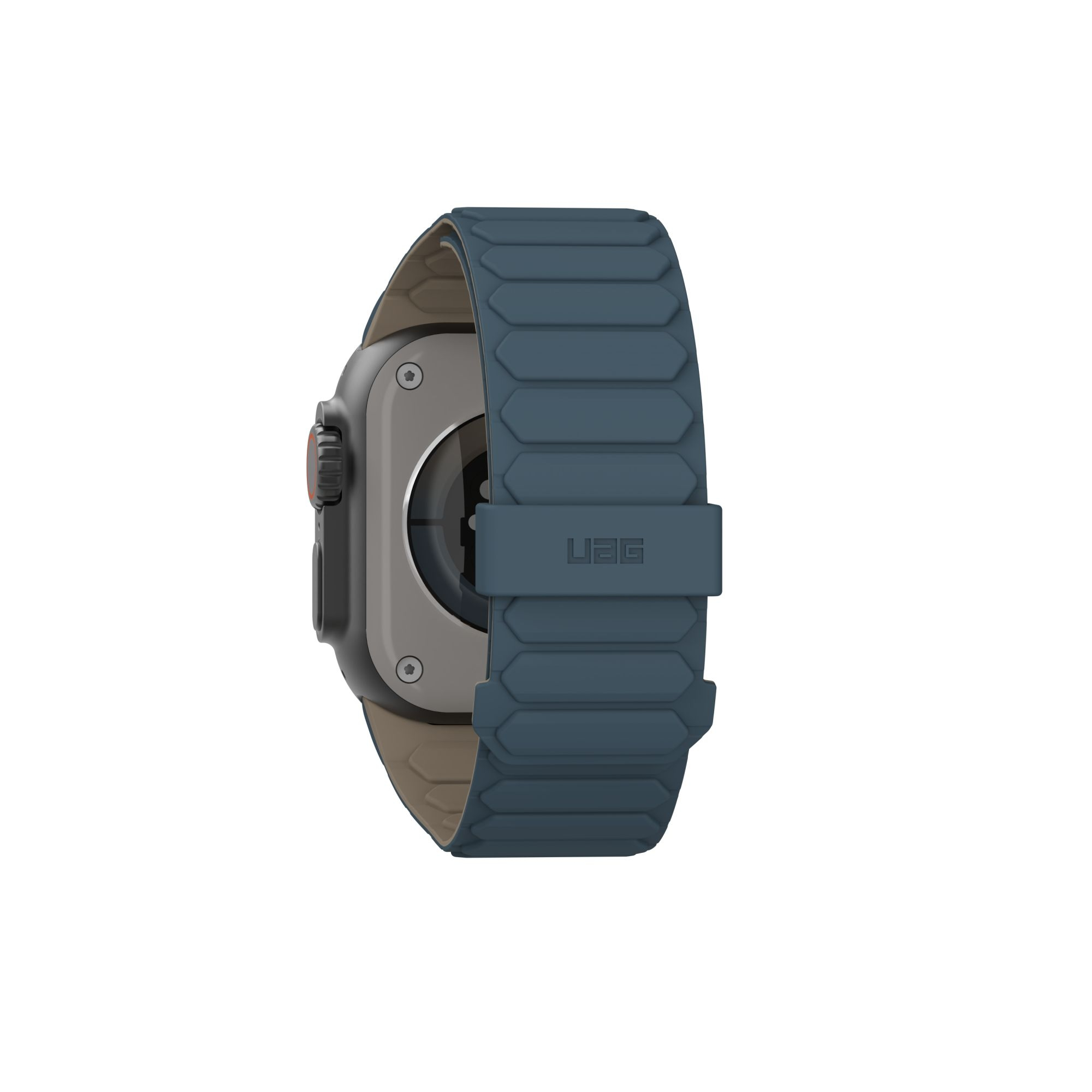 Apple Watch z niebieskim paskiem UAG, widok z tyłu.