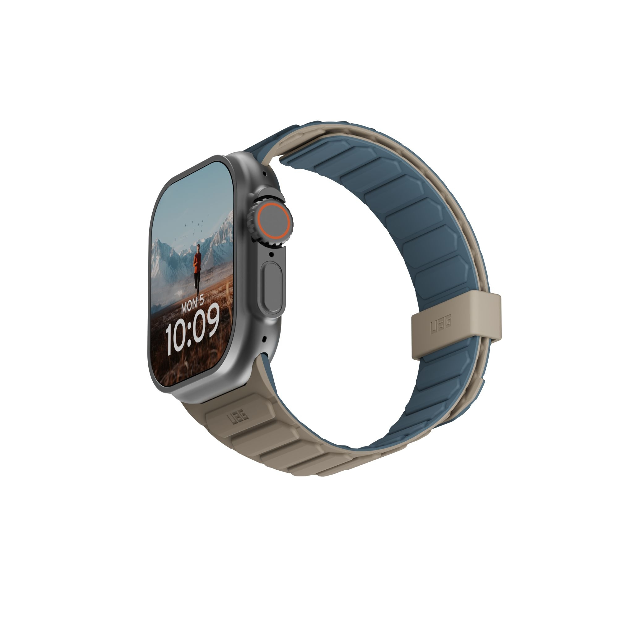 Smartwatch z ciemnoszarą obudową, pomarańczowym przyciskiem bocznym i niebiesko-beżowym paskiem. Wyświetla godzinę.