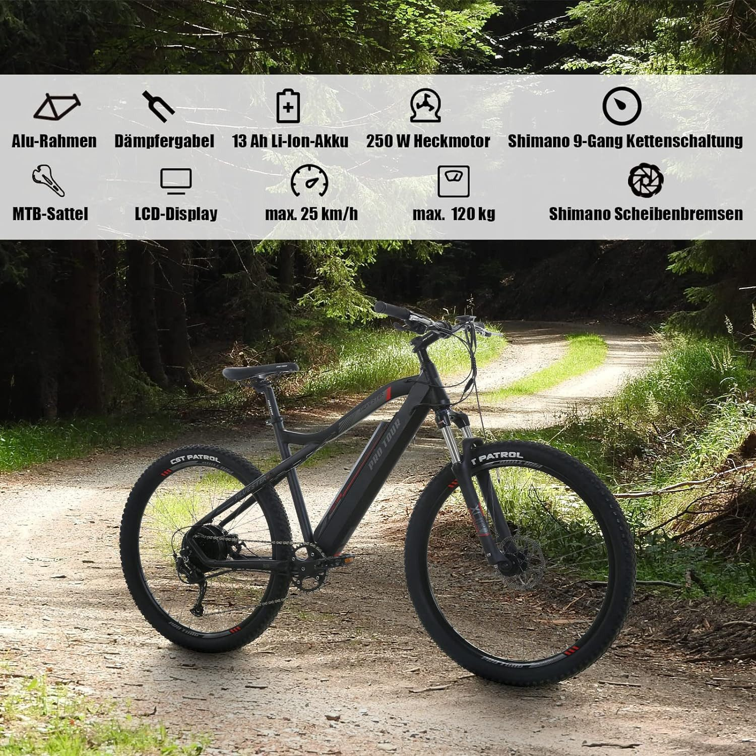 Mountain bike nero su un sentiero sterrato in una foresta, con etichette testuali.