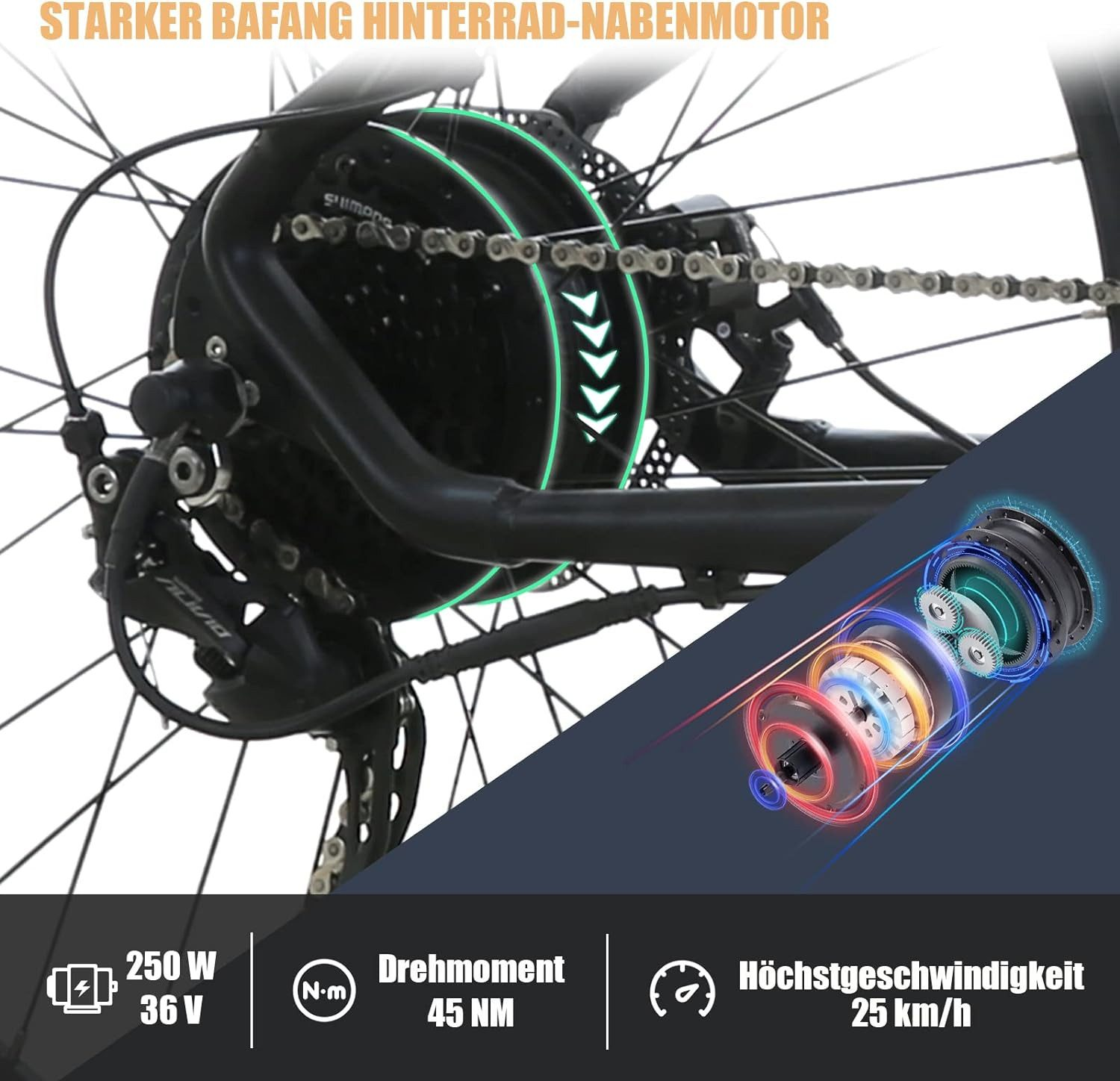 Ruota posteriore di una bici con motore, ingranaggi e testo su velocità e coppia.
