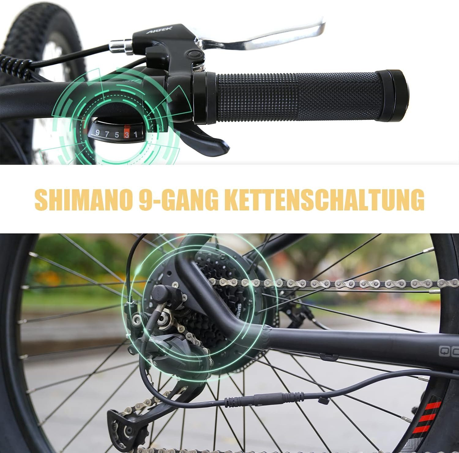 Primo piano di un sistema di ingranaggi per biciclette. Il testo Shimano 9 marce è scritto. Lo sfondo è parte della bici.