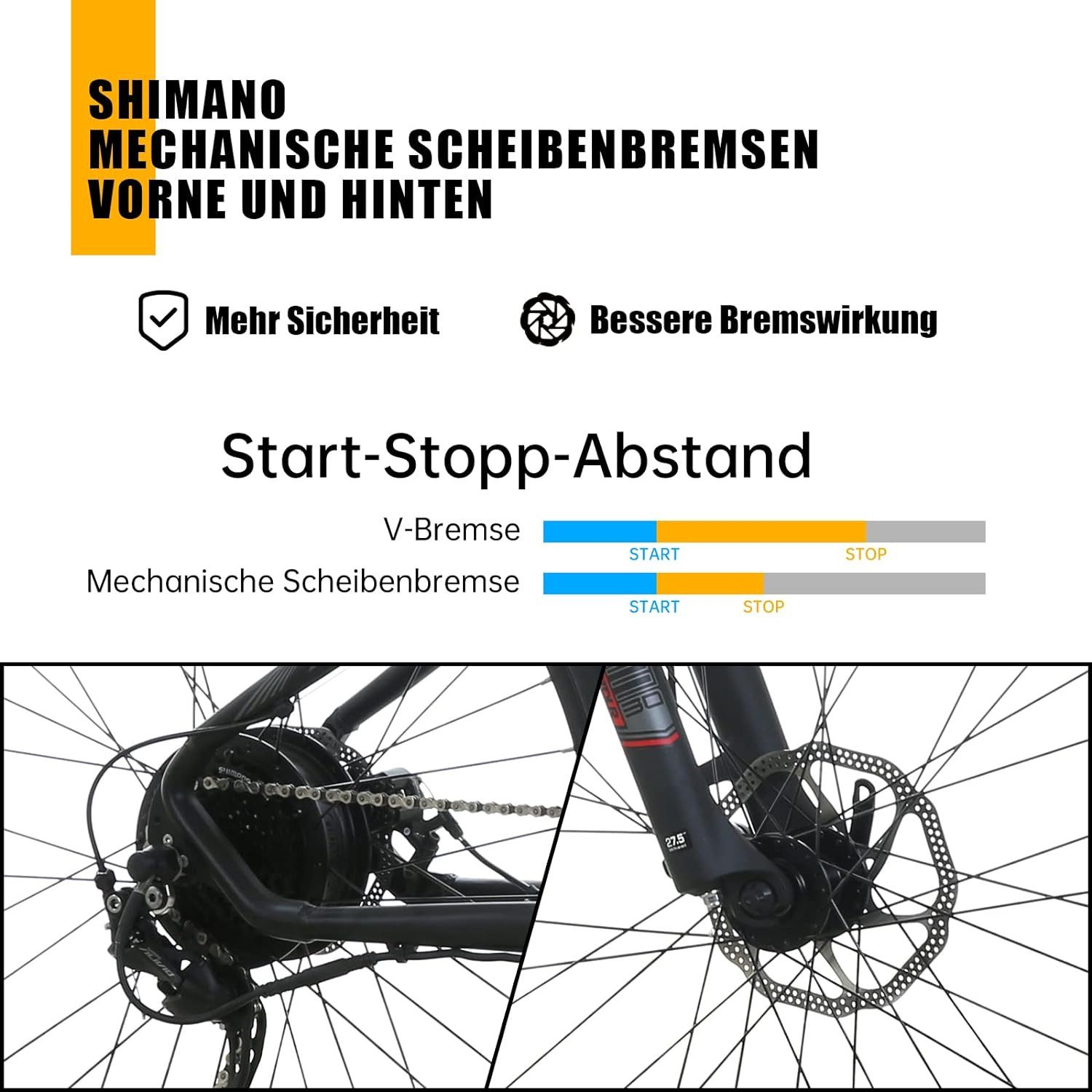 Componenti della bicicletta. Freni a disco Shimano, testo sulla frenata. Sfondo bianco.
