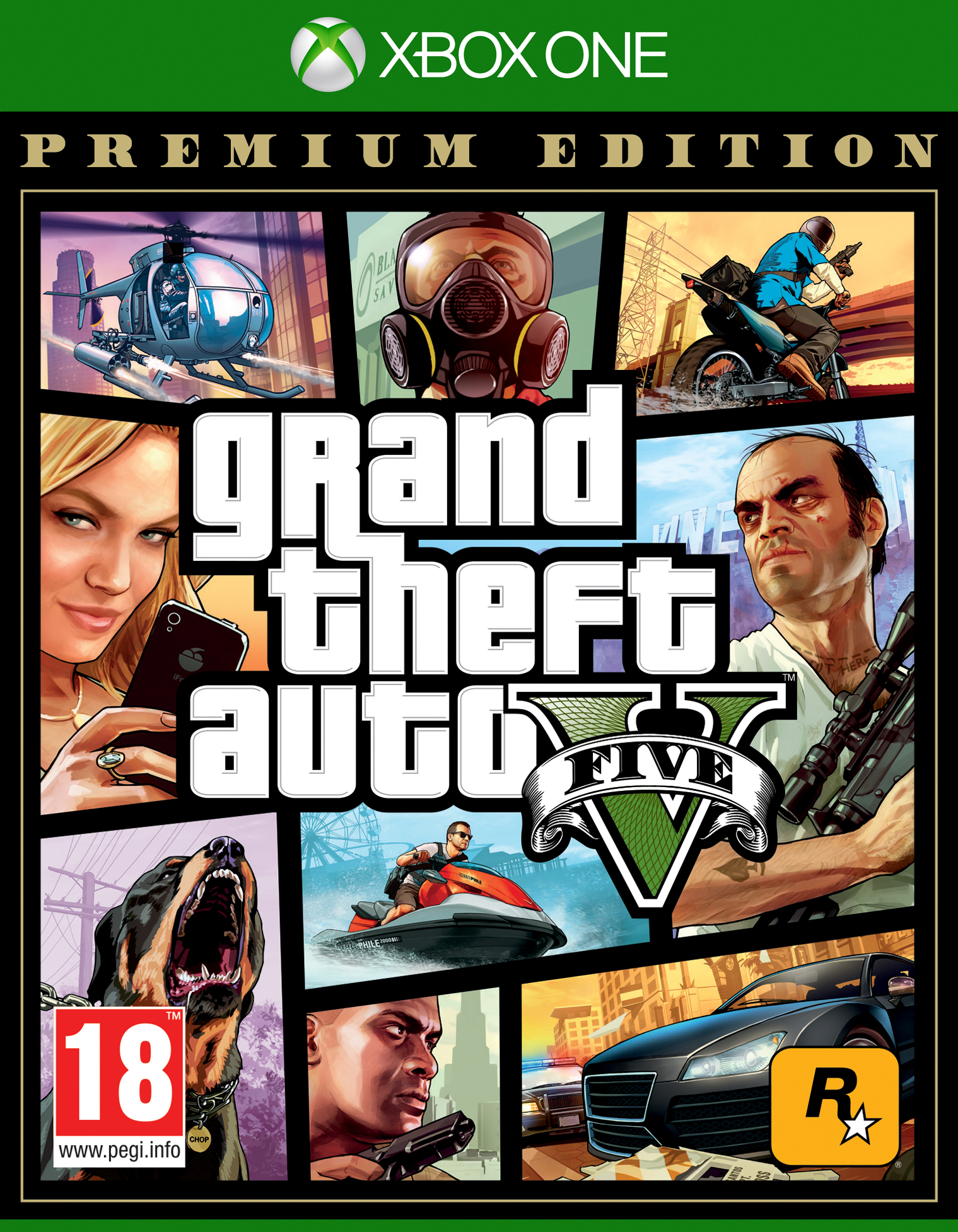 Grand Theft Auto V gamecover. Toont verschillende personages, een auto en een helikopter. Het Xbox One logo.