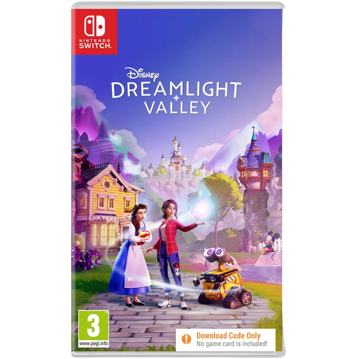 Copertina del gioco. Titolo Disney Dreamlight Valley, personaggi e logo Nintendo Switch.