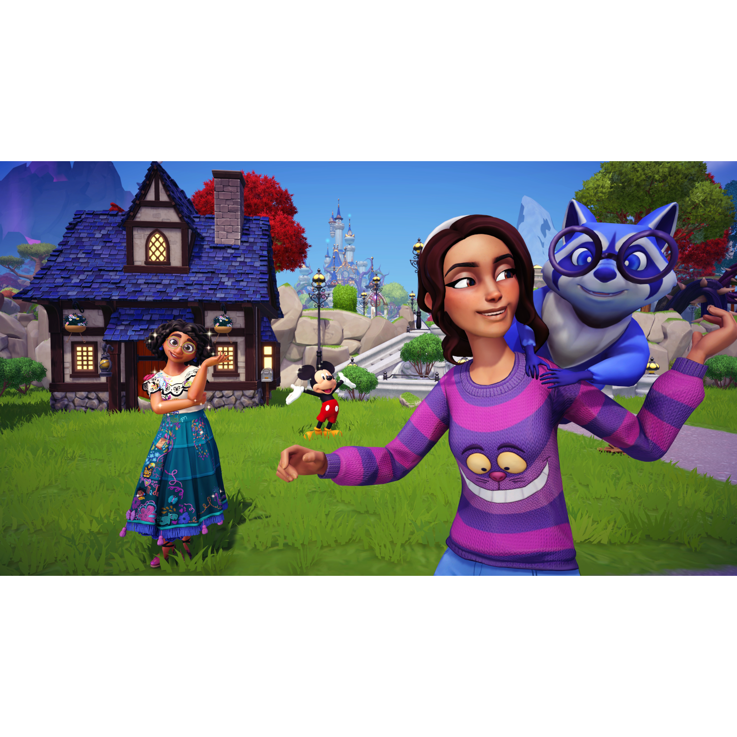 Scena di Disney Dreamlight Valley con personaggi, casa e castello su un campo d'erba verde.