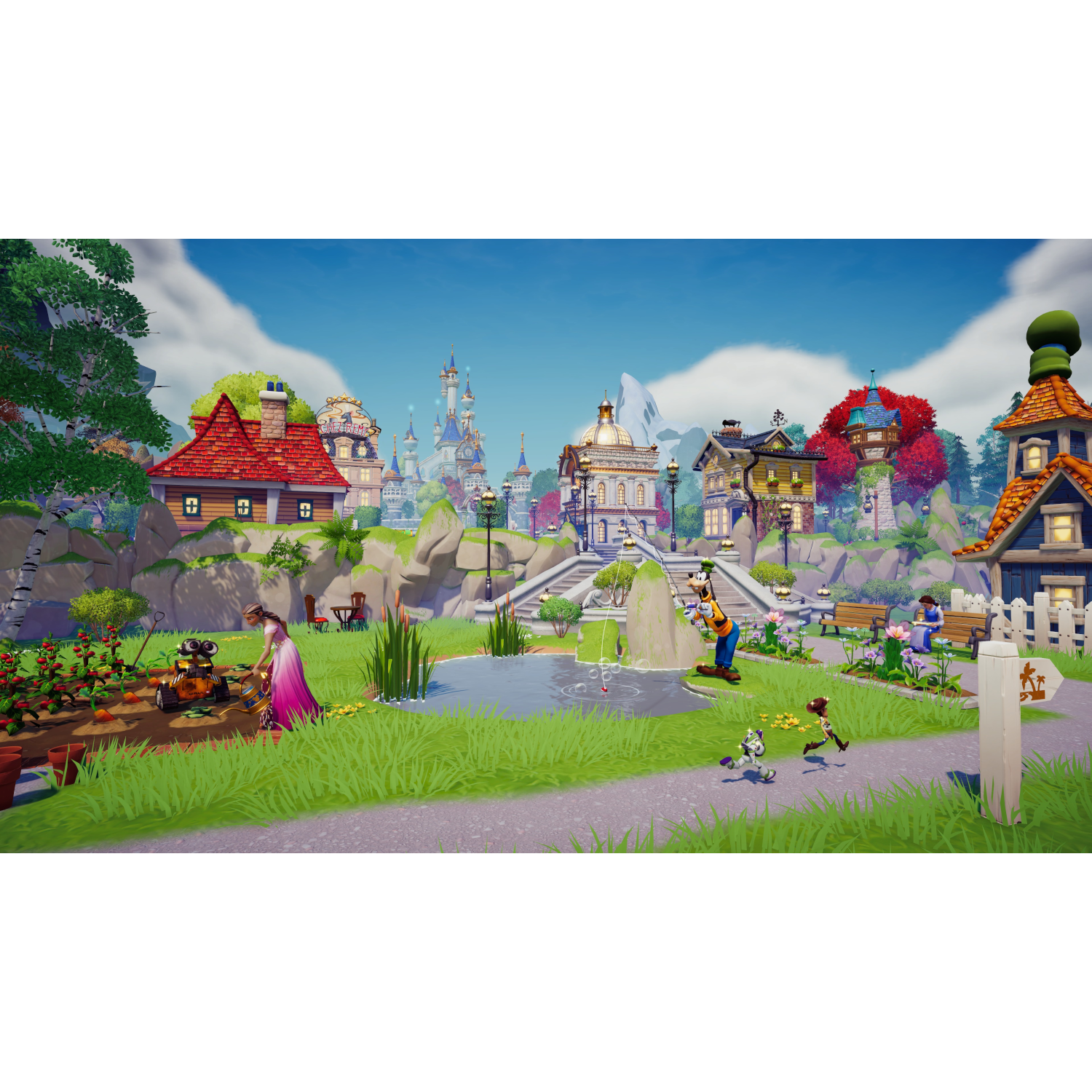 Scena del gioco Disney Dreamlight Valley con WALL-E, Pippo e altri personaggi in un ambiente vivace.