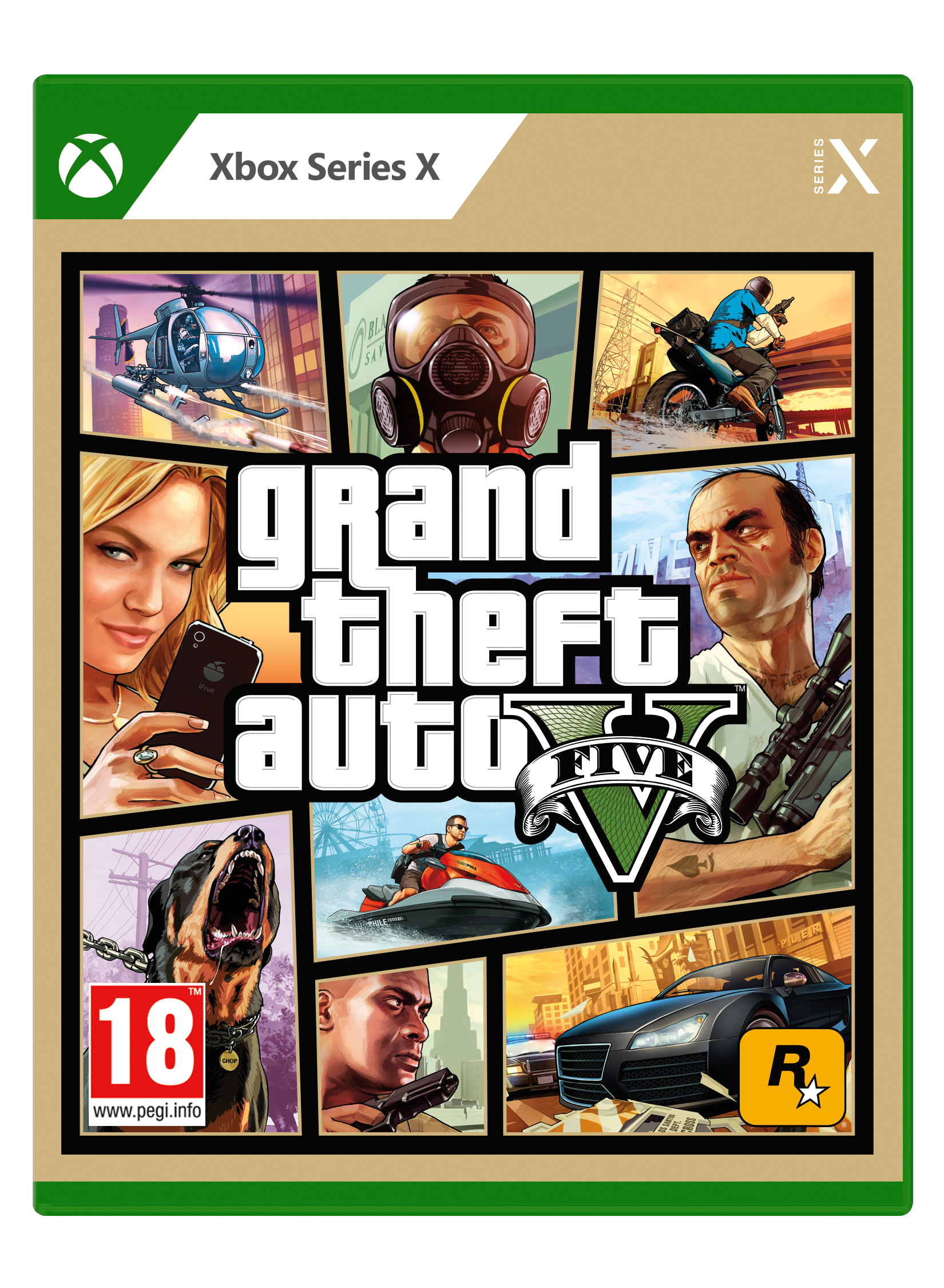 Gamebox art voor Grand Theft Auto V. Bevat karakterafbeeldingen en het game logo.