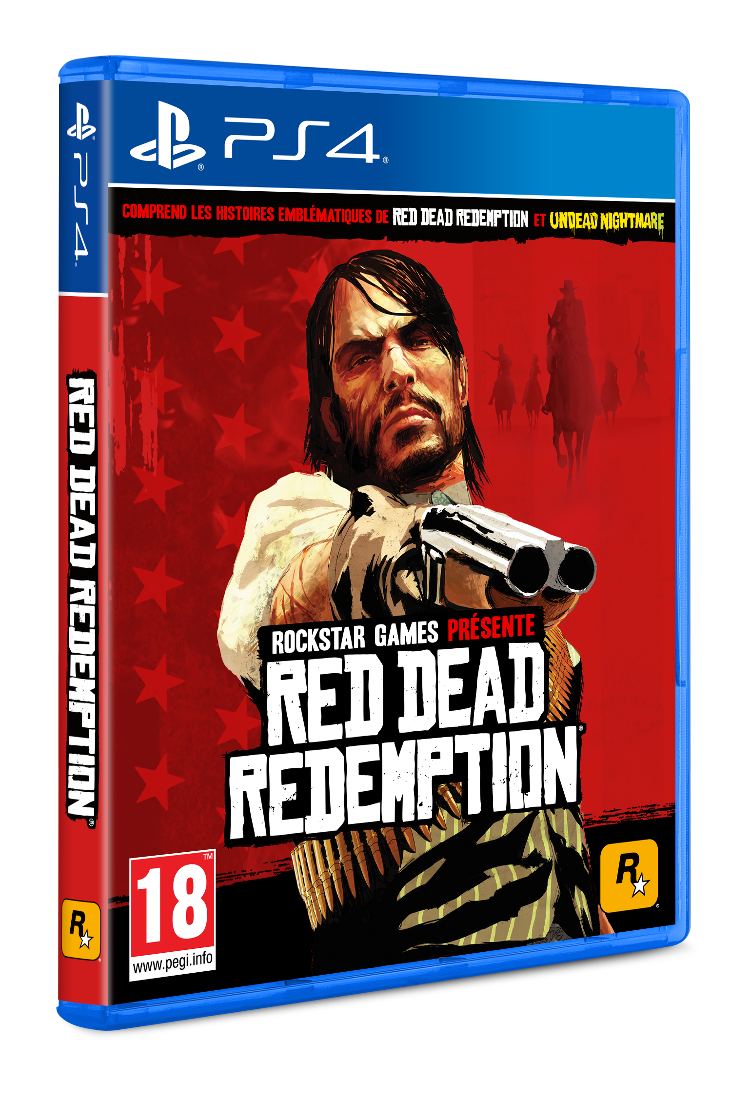Red Dead Redemption gamebox art, met een man die een geweer vasthoudt en de speltitel.